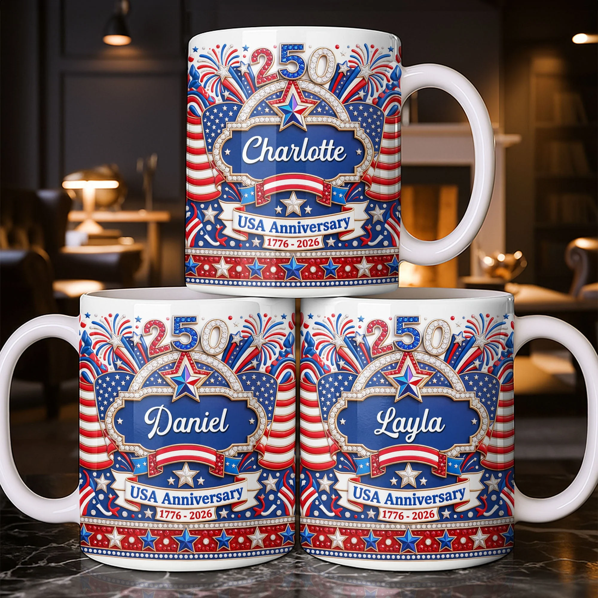 USA 250th Anniversary Patriotic Glitter Stars - Personalized White Mug - Gift For Her - Image 8