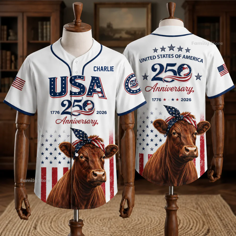 USA 250th Anniversary Red Angus Cow - Personalized Baseball Jersey - Patriotic Gift For Farmer