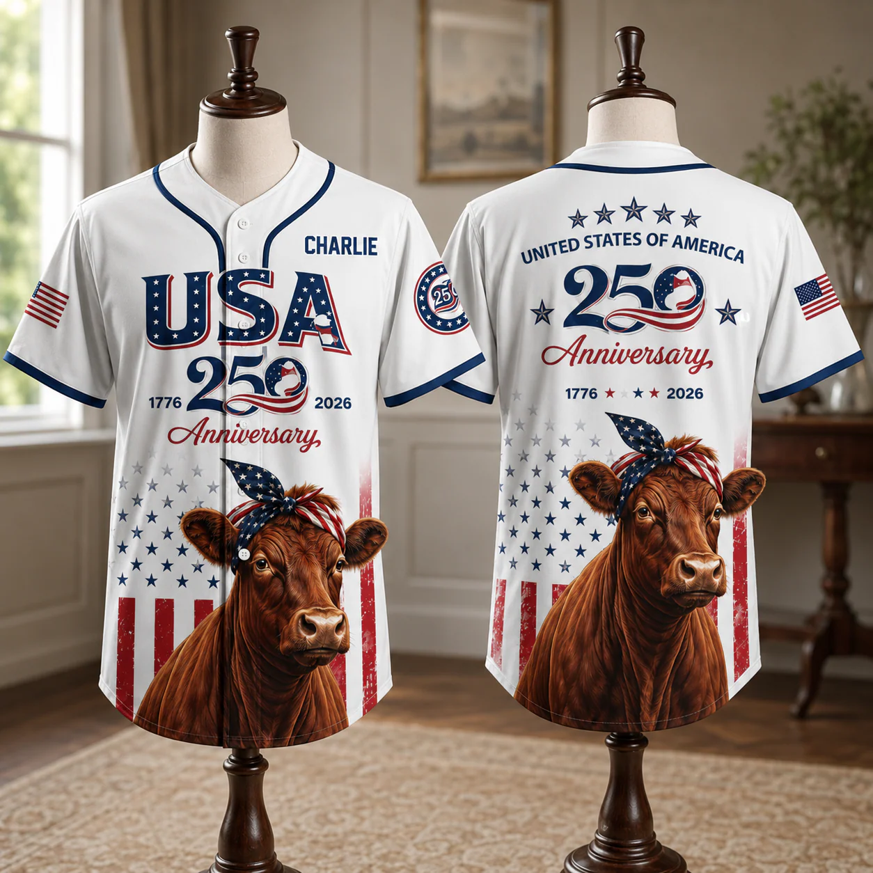 USA 250th Anniversary Red Angus Cow - Personalized Baseball Jersey - Patriotic Gift For Farmer - Image 2