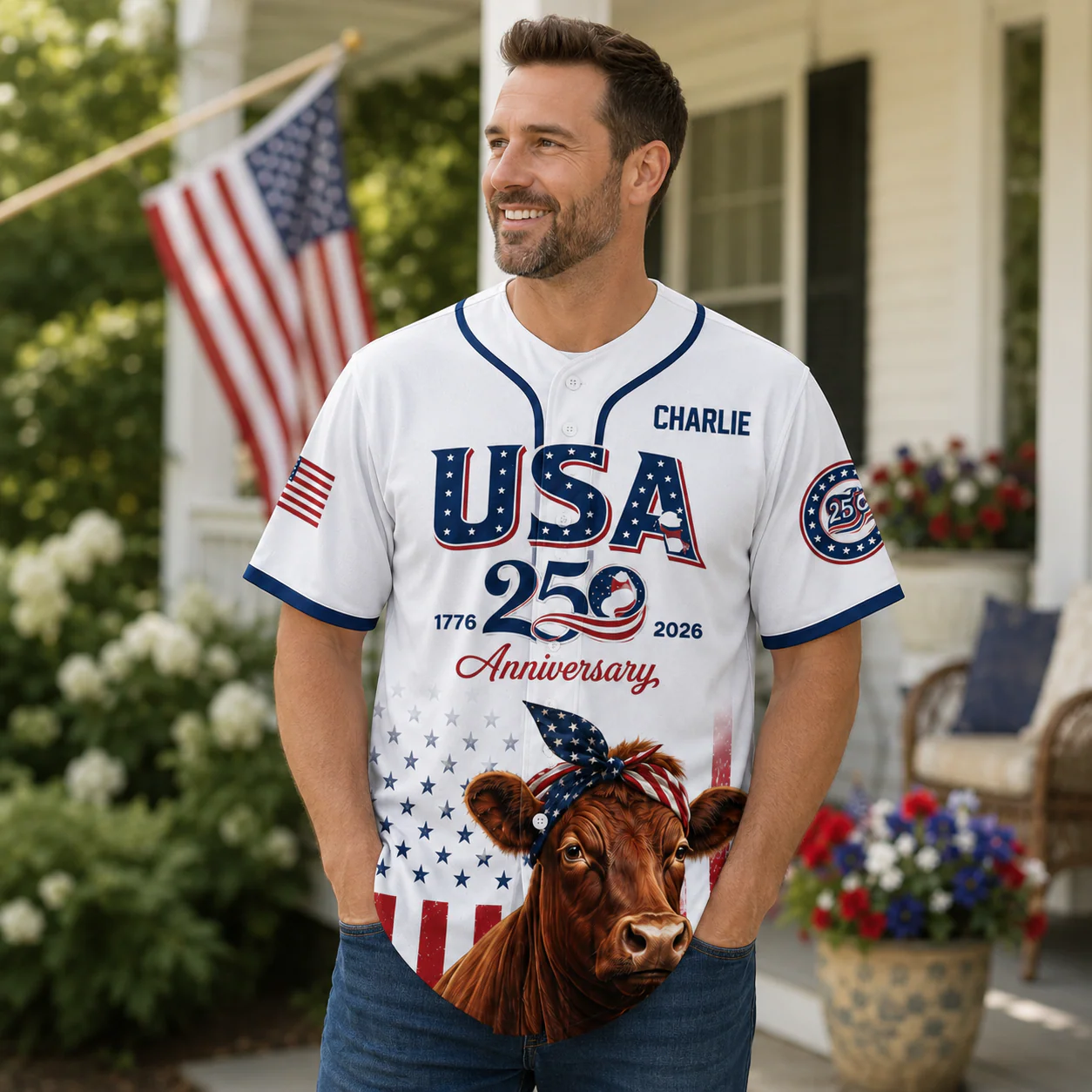 USA 250th Anniversary Red Angus Cow - Personalized Baseball Jersey - Patriotic Gift For Farmer - Image 3