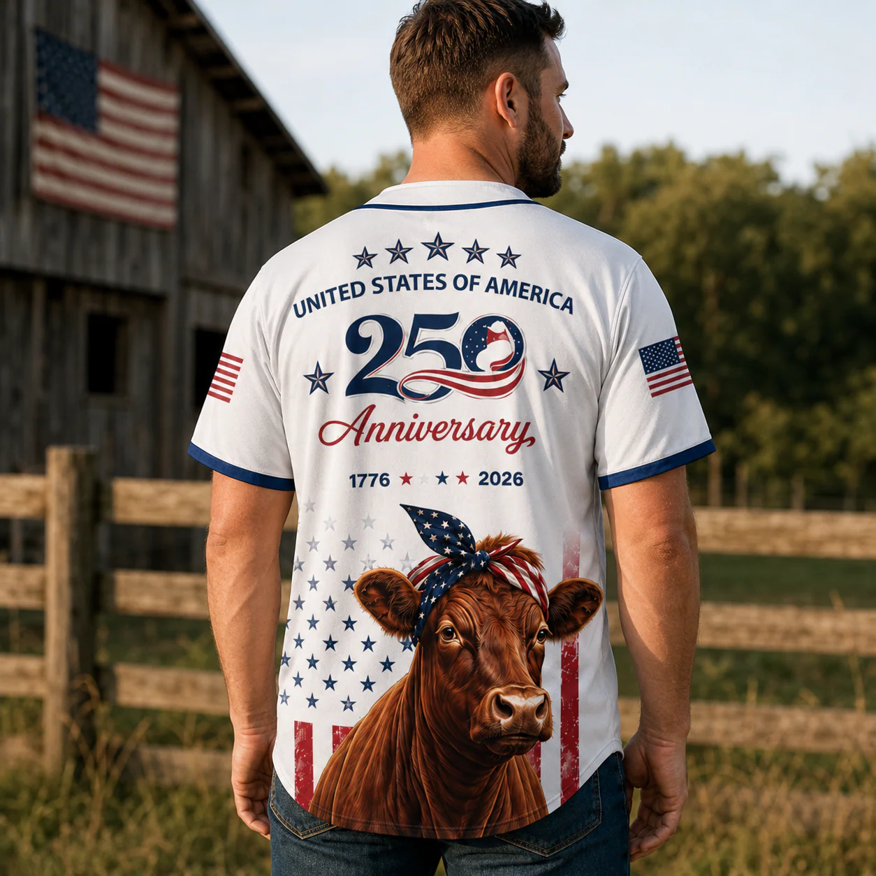 USA 250th Anniversary Red Angus Cow - Personalized Baseball Jersey - Patriotic Gift For Farmer - Image 4