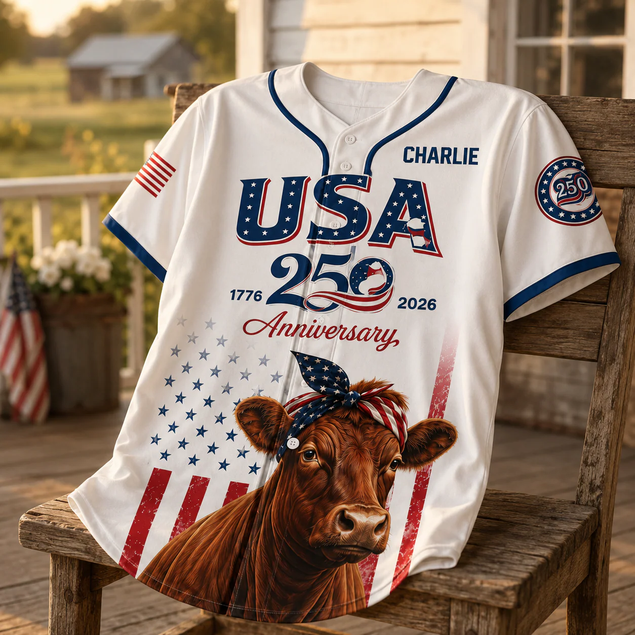 USA 250th Anniversary Red Angus Cow - Personalized Baseball Jersey - Patriotic Gift For Farmer - Image 5