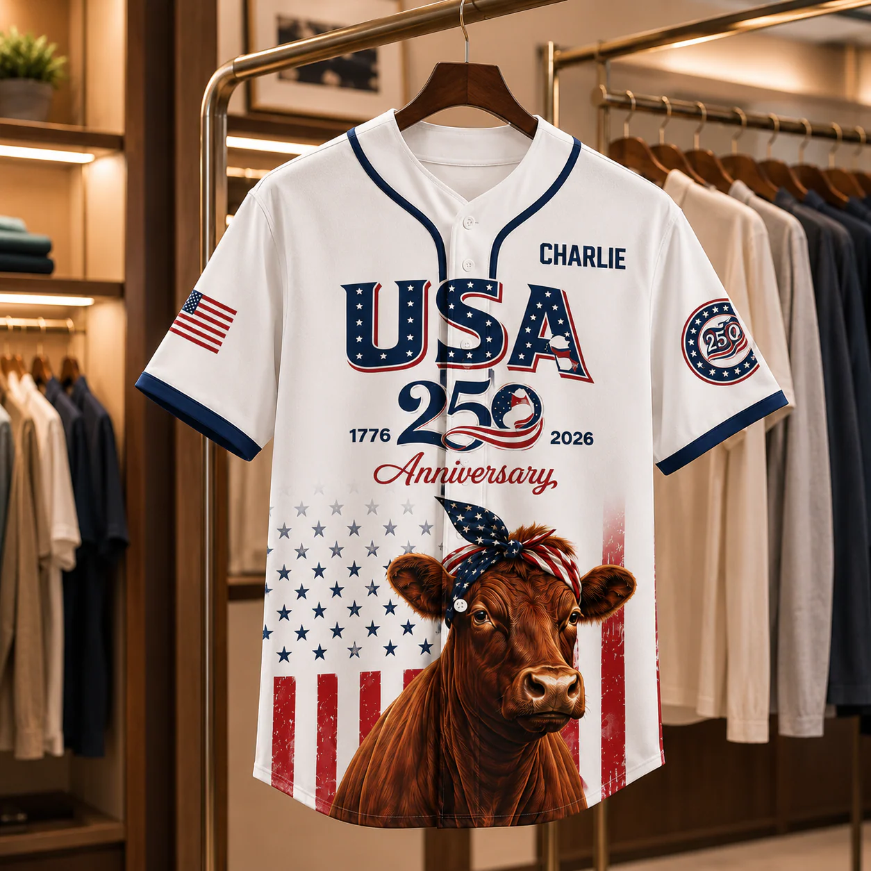 USA 250th Anniversary Red Angus Cow - Personalized Baseball Jersey - Patriotic Gift For Farmer - Image 6