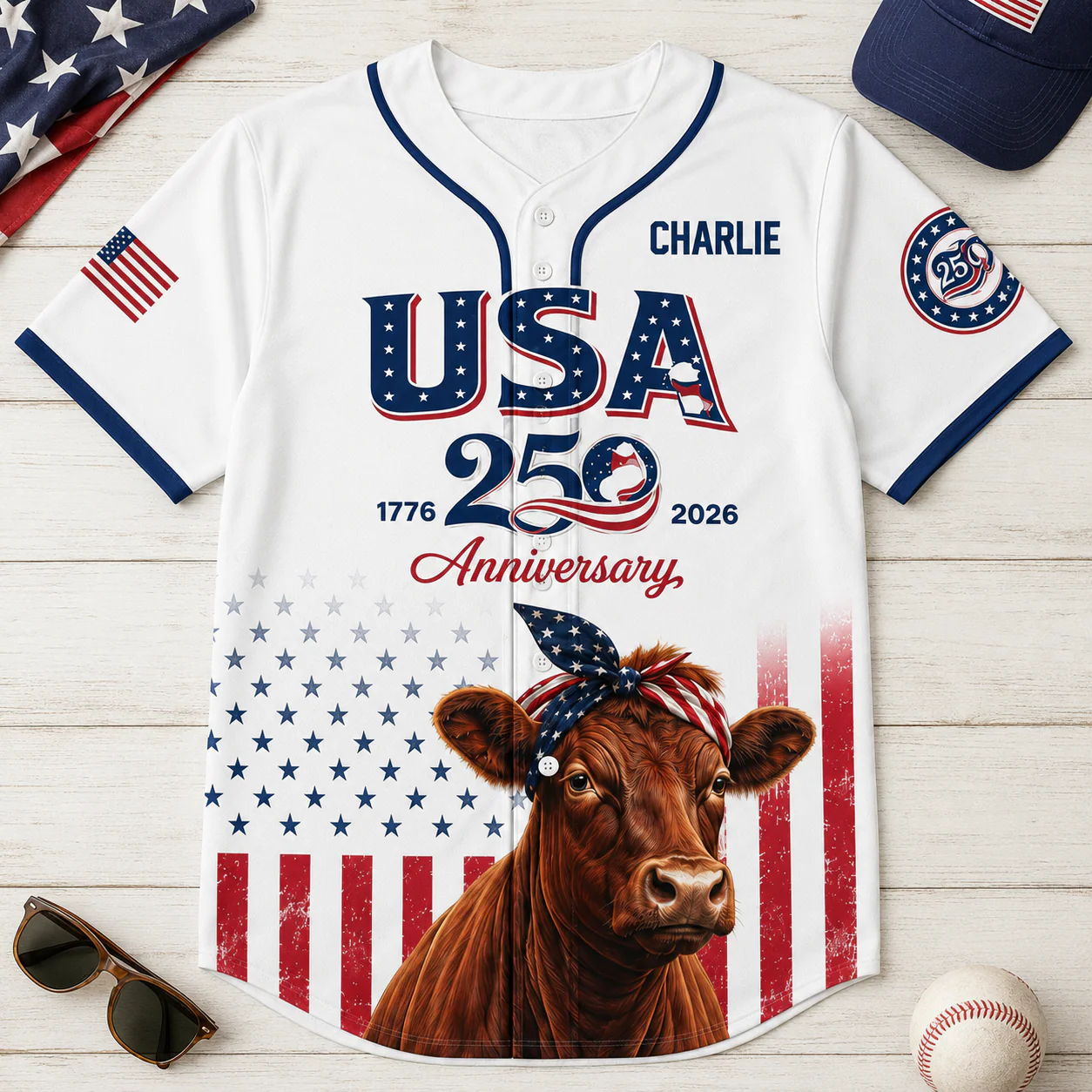 USA 250th Anniversary Red Angus Cow - Personalized Baseball Jersey - Patriotic Gift For Farmer - Image 7