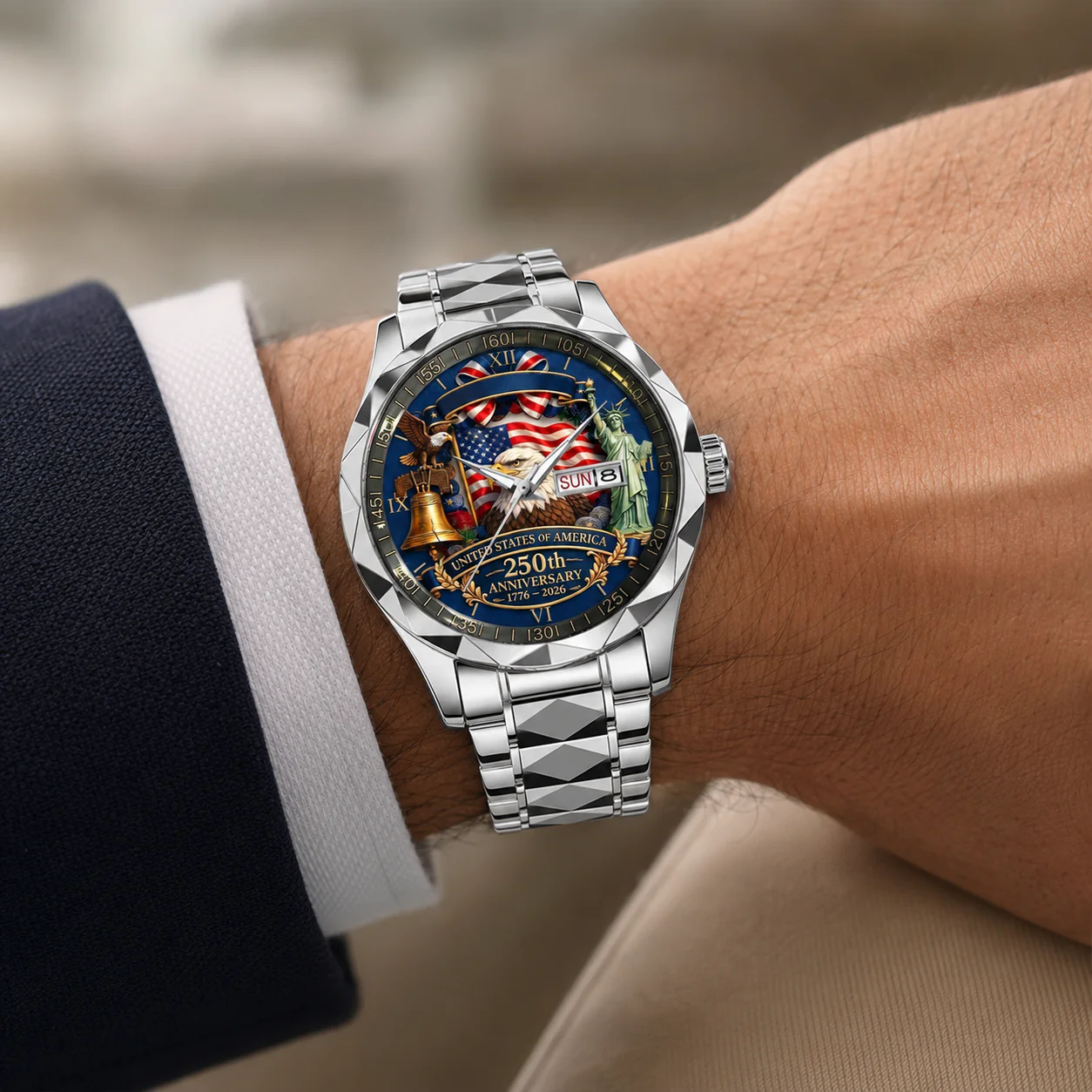 USA 250th Anniversary Statue of Liberty Patriotic Eagle - Personalized Men's Wrist Watch - Gift For Men, Patriots - Image 5