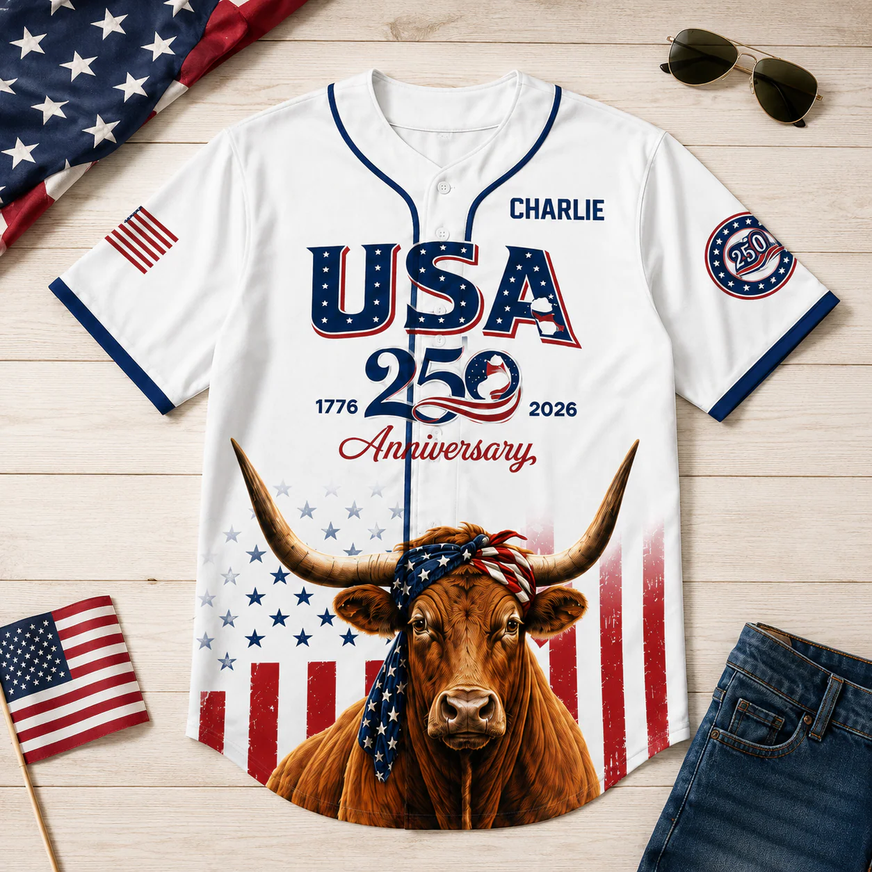 USA 250th Anniversary Texas Longhorn - Personalized Baseball Jersey - Patriotic Gift For Farmer - Image 6