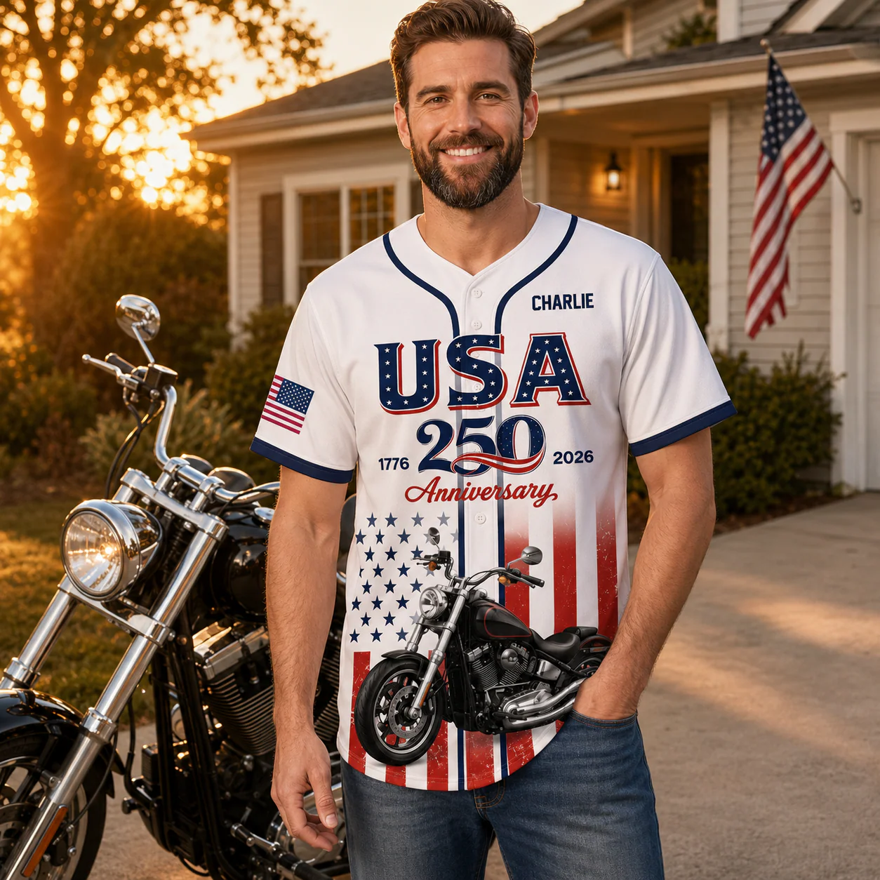 USA 250th Anniversary USA Flag Motorcycle - Personalized Baseball Jersey - Gift For Him - Image 3