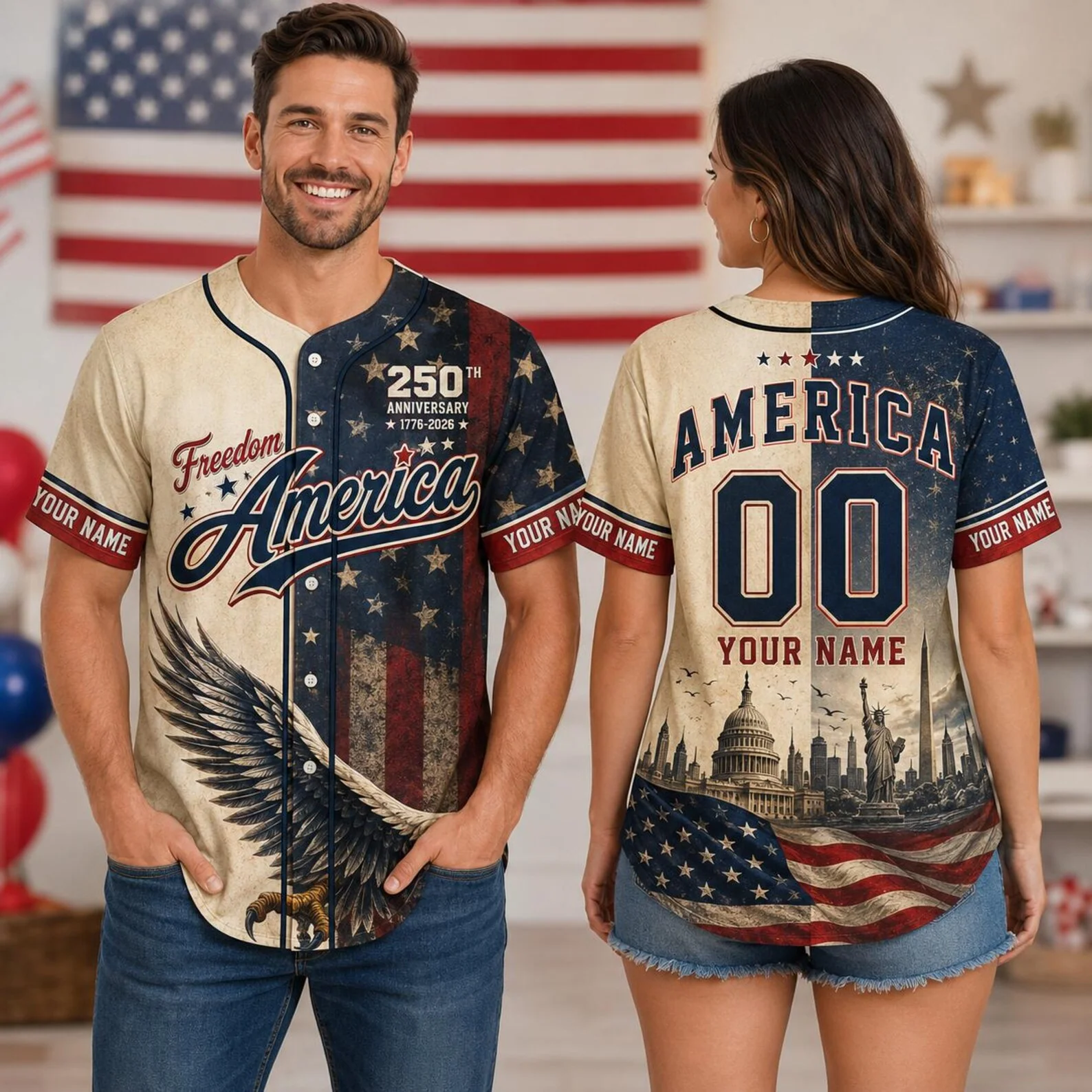 USA 250th Anniversary Vintage Freedom Eagle - Personalized Baseball Jersey - Gift For Family