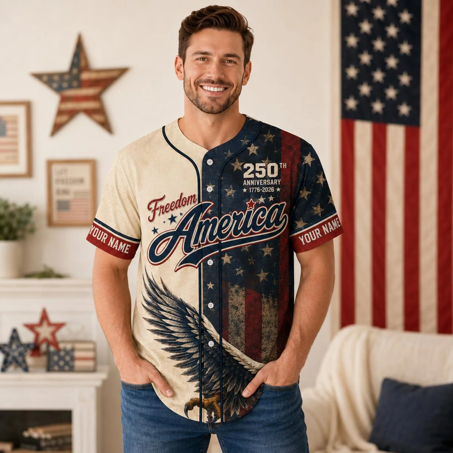 USA 250th Anniversary Vintage Freedom Eagle - Personalized Baseball Jersey - Gift For Family - Image 2