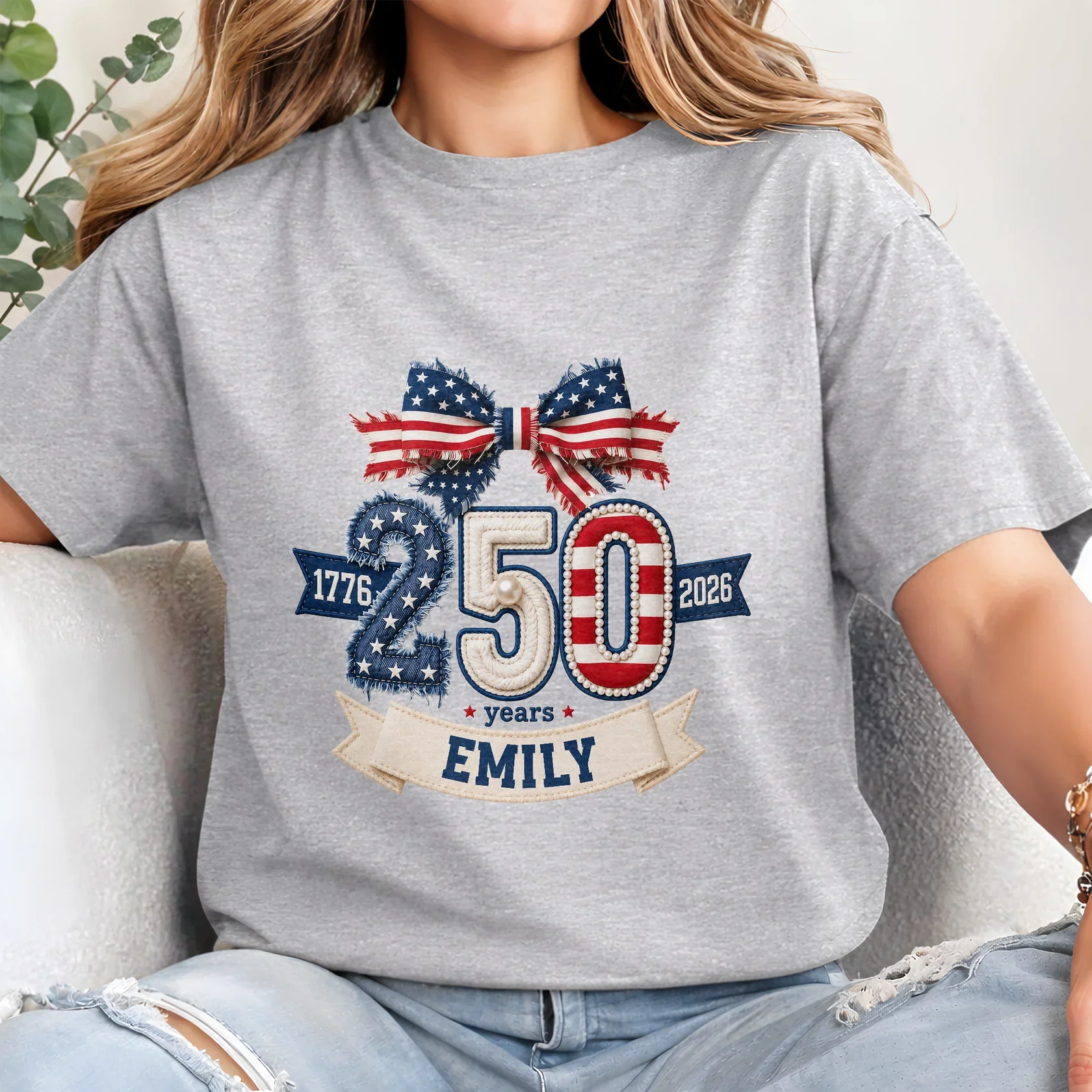 USA 250th Anniversary With American Flag Bow And Stars - Personalized Shirt - Gift For Patriots - Image 5