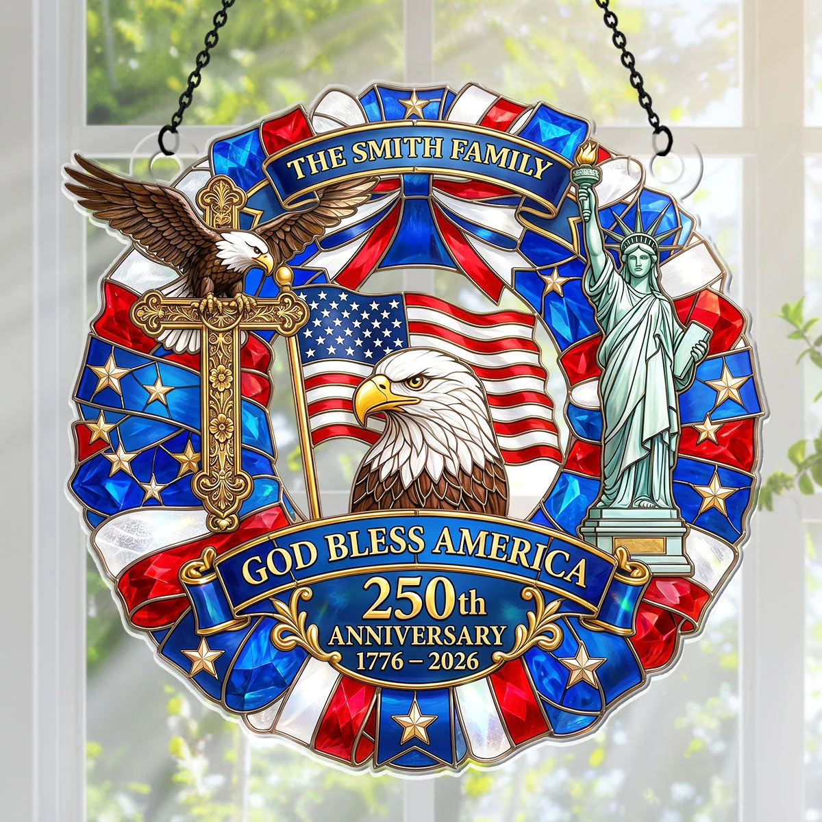 USA 250th God Bless America Cross Eagle - Personalized Window Hanging Acrylic Suncatcher - Gift For Family
