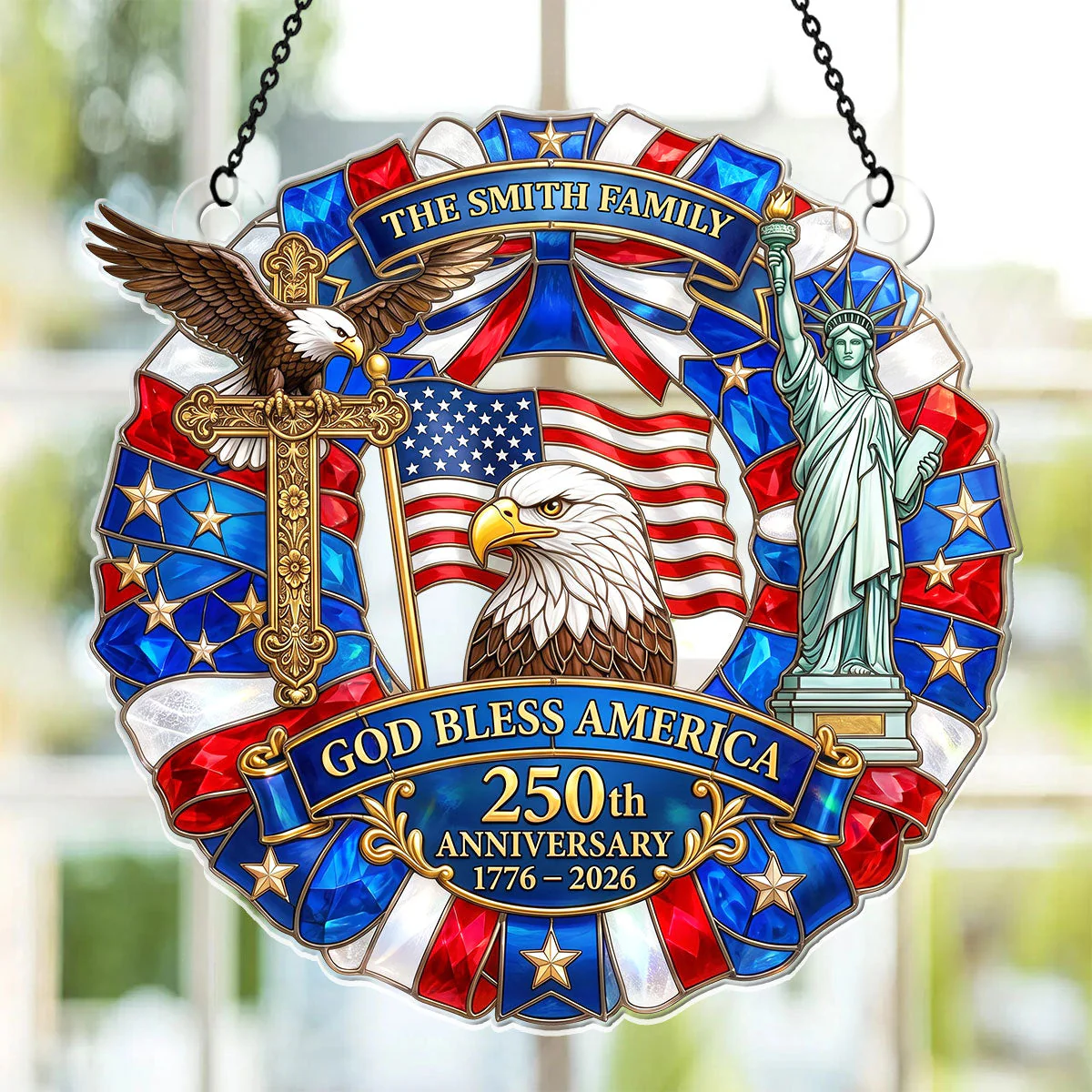 USA 250th God Bless America Cross Eagle - Personalized Window Hanging Acrylic Suncatcher - Gift For Family - Image 3