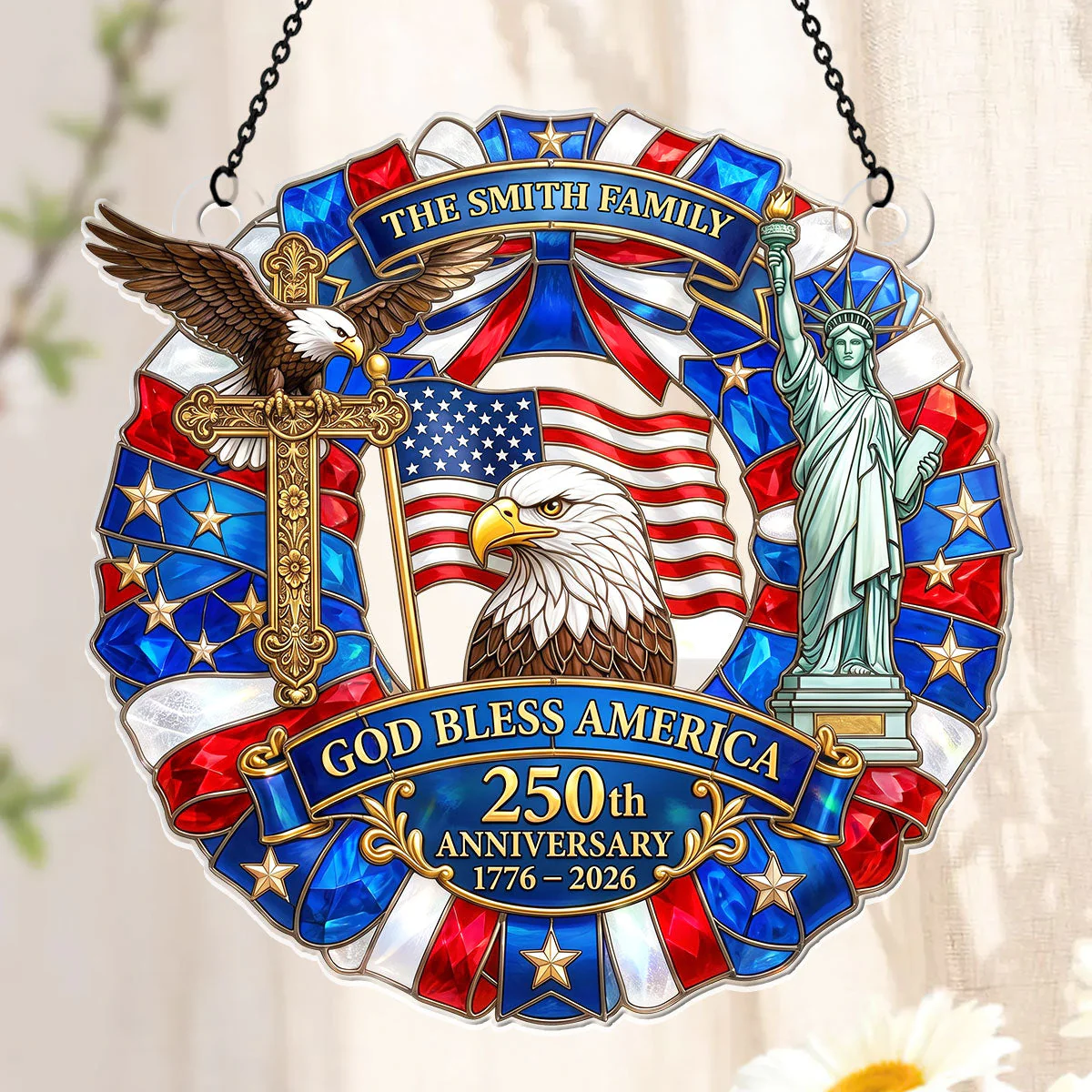 USA 250th God Bless America Cross Eagle - Personalized Window Hanging Acrylic Suncatcher - Gift For Family - Image 4