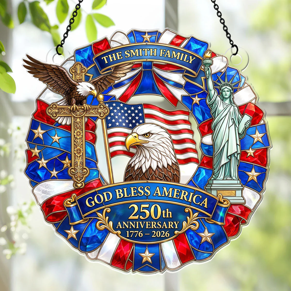 USA 250th God Bless America Cross Eagle - Personalized Window Hanging Acrylic Suncatcher - Gift For Family - Image 5