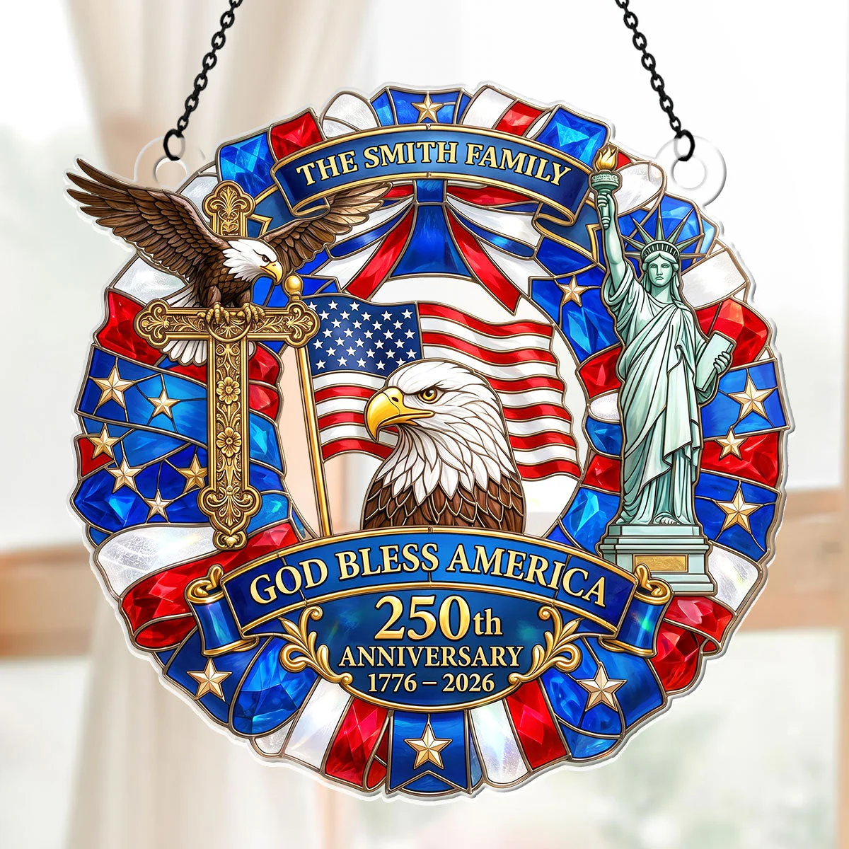 USA 250th God Bless America Cross Eagle - Personalized Window Hanging Acrylic Suncatcher - Gift For Family - Image 6