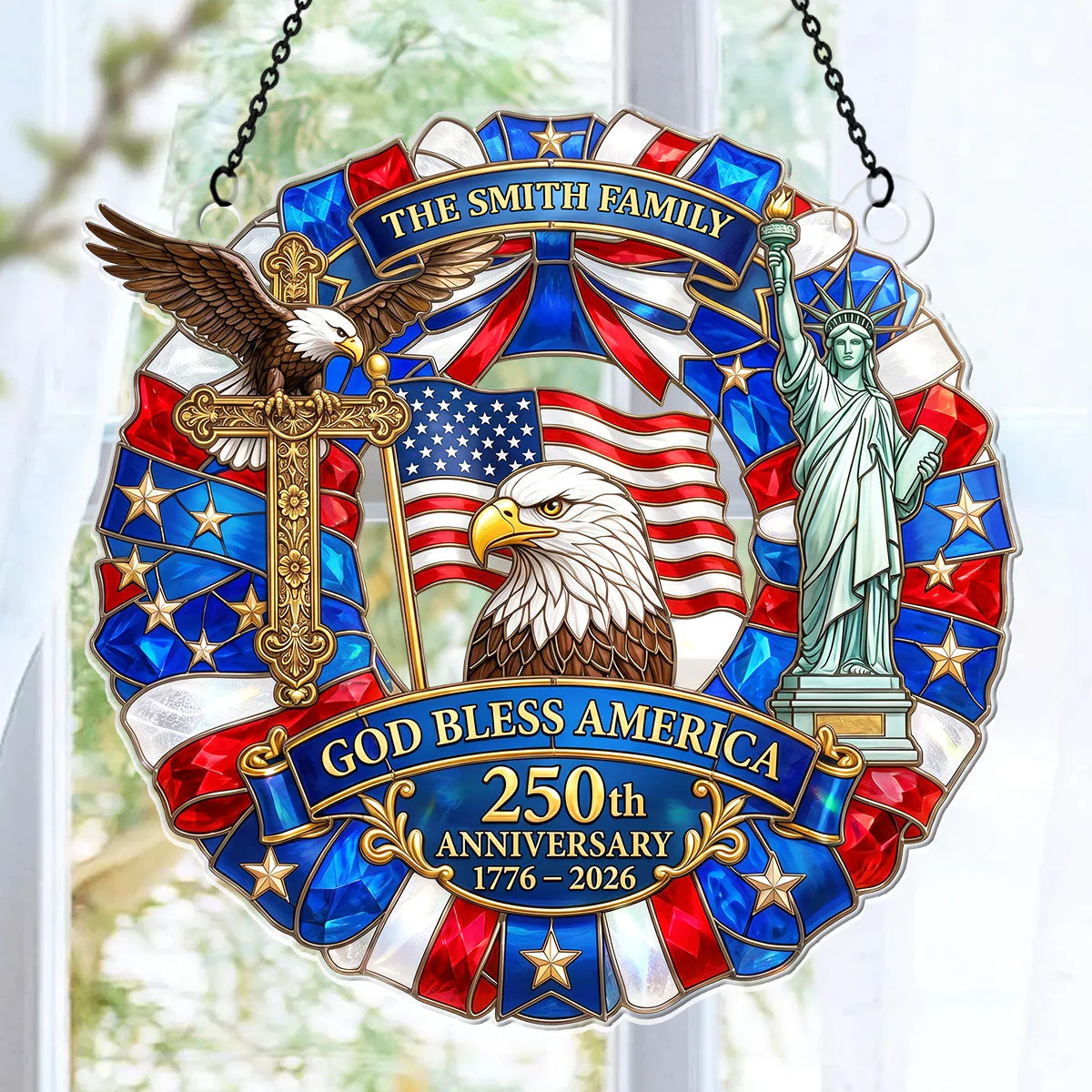 USA 250th God Bless America Cross Eagle - Personalized Window Hanging Acrylic Suncatcher - Gift For Family - Image 7