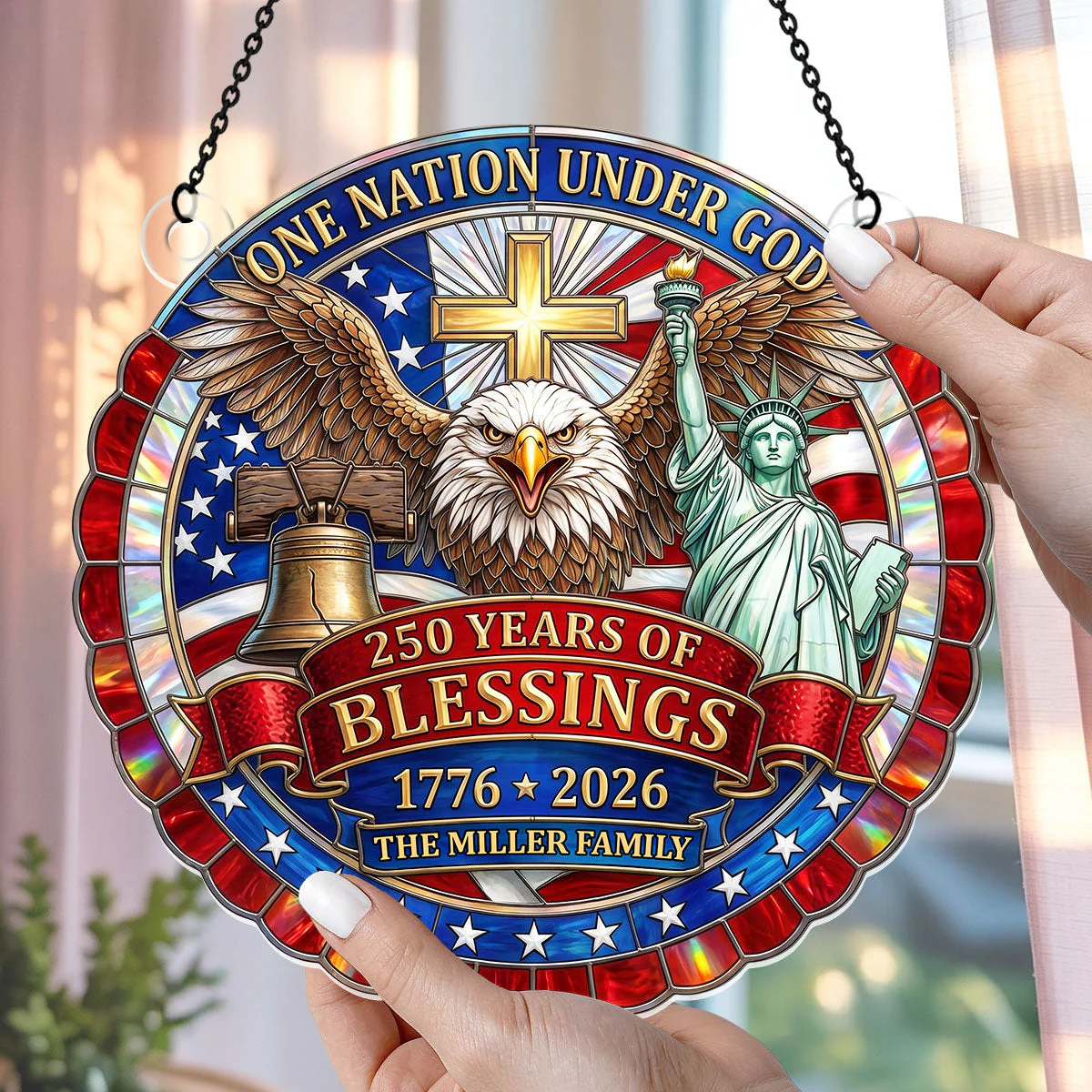 USA 250th One Nation Under God Cross Eagle - Personalized Window Hanging Acrylic Suncatcher - Gift For Family - Image 2