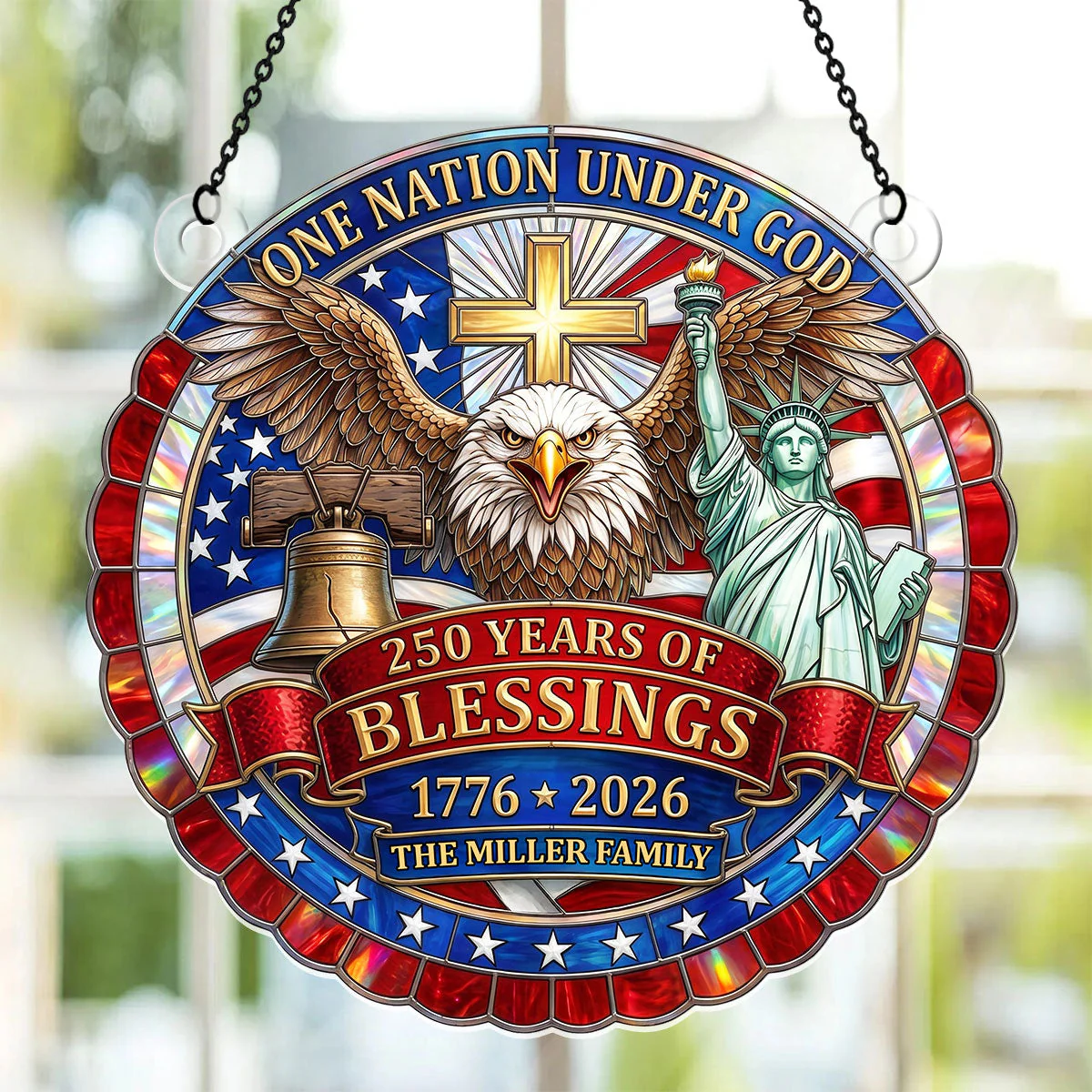 USA 250th One Nation Under God Cross Eagle - Personalized Window Hanging Acrylic Suncatcher - Gift For Family - Image 3
