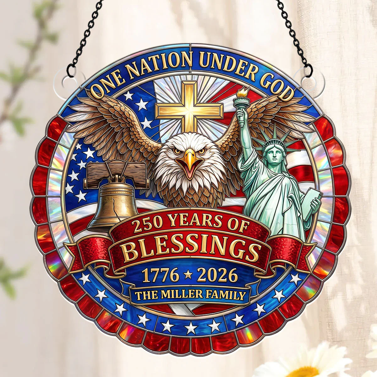 USA 250th One Nation Under God Cross Eagle - Personalized Window Hanging Acrylic Suncatcher - Gift For Family - Image 4