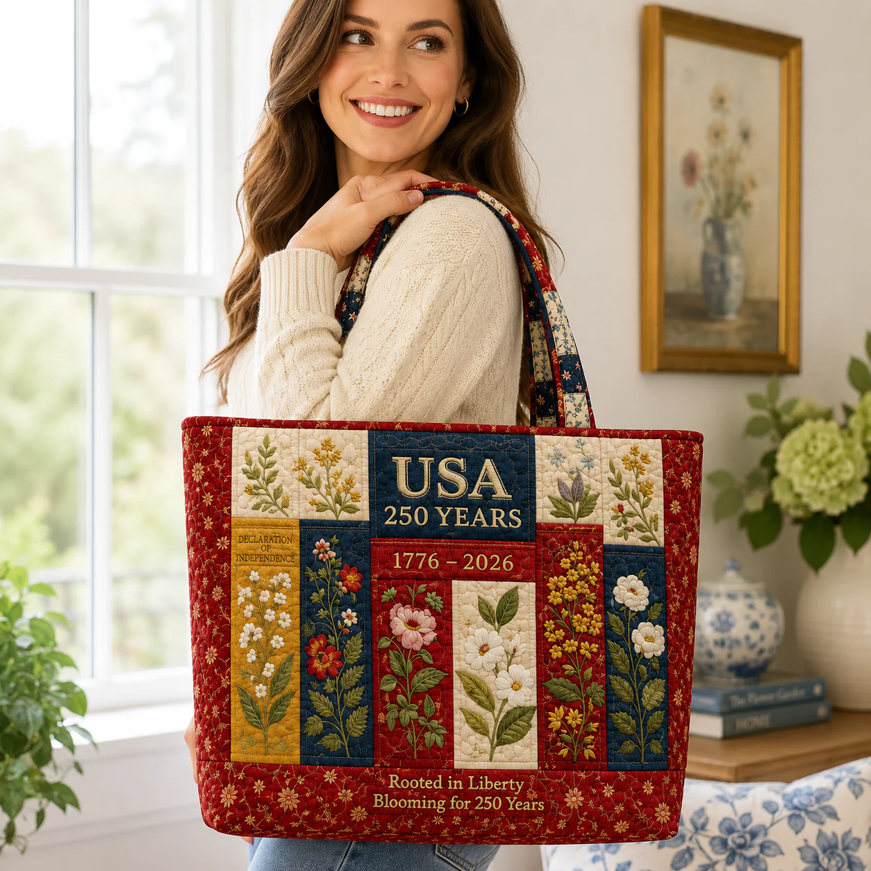 USA 250th Rooted In Liberty Wildflowers - Quilted Tote Bag - Gift For Her - Image 3