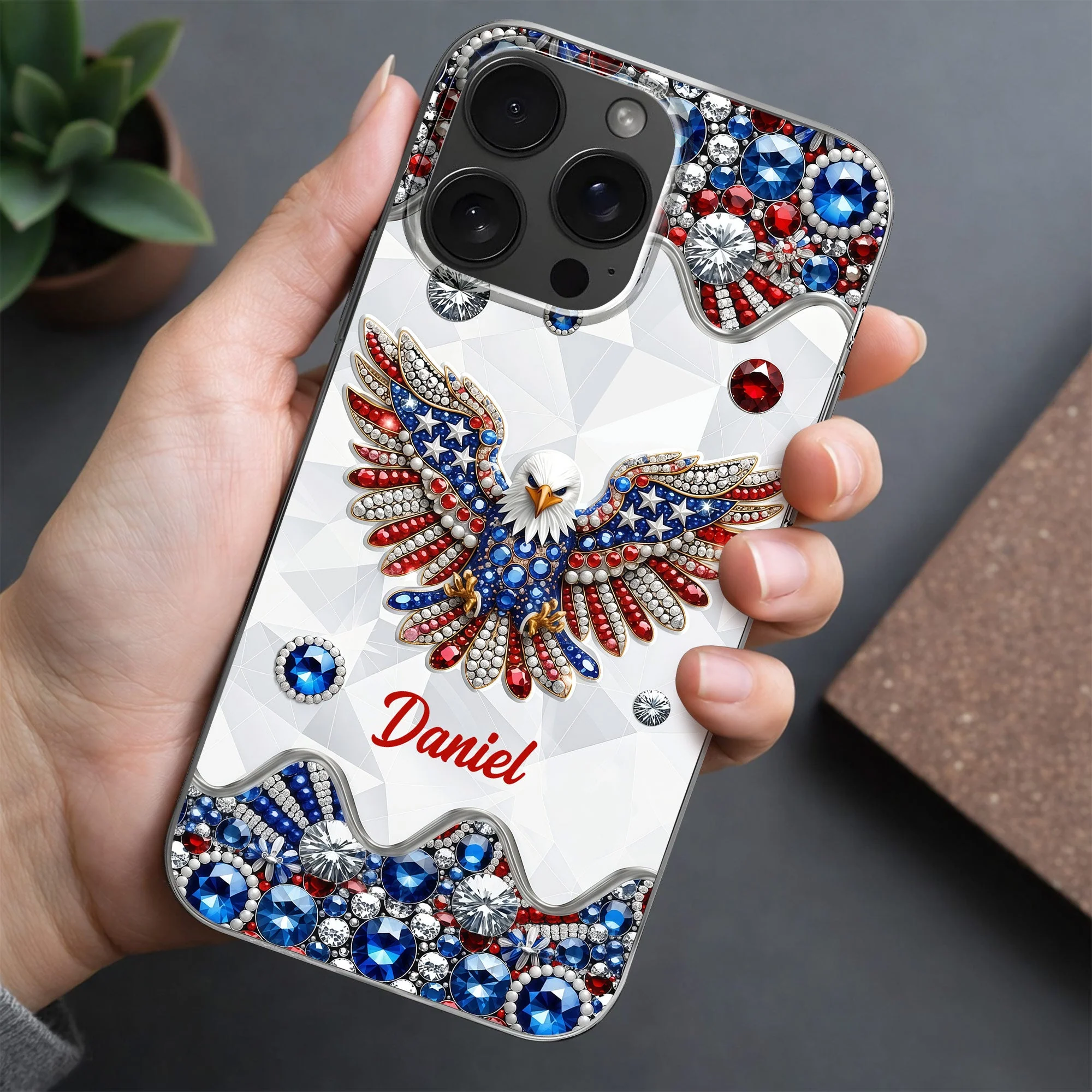 USA Flag Bling Sparkling Patriotic Eagle & Rhinestone Design - Personalized Bling Phone Case - Gift For Patriots - Image 8