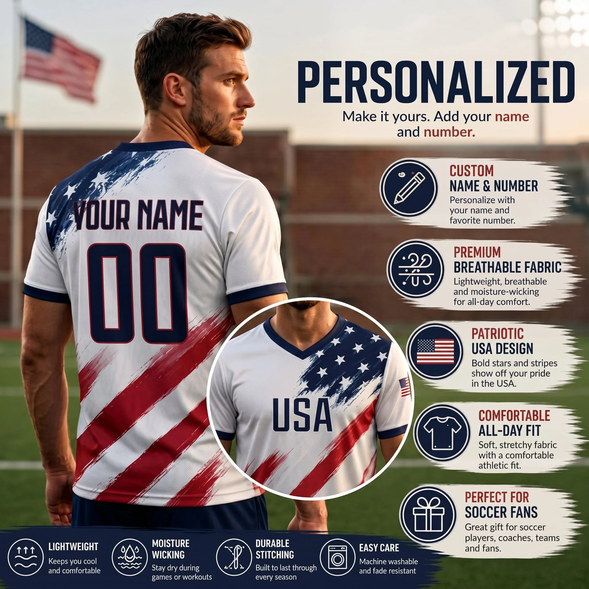 USA Flag Custom Name Number - Personalized Soccer Jersey - Gift For Sport Fans - Image 3