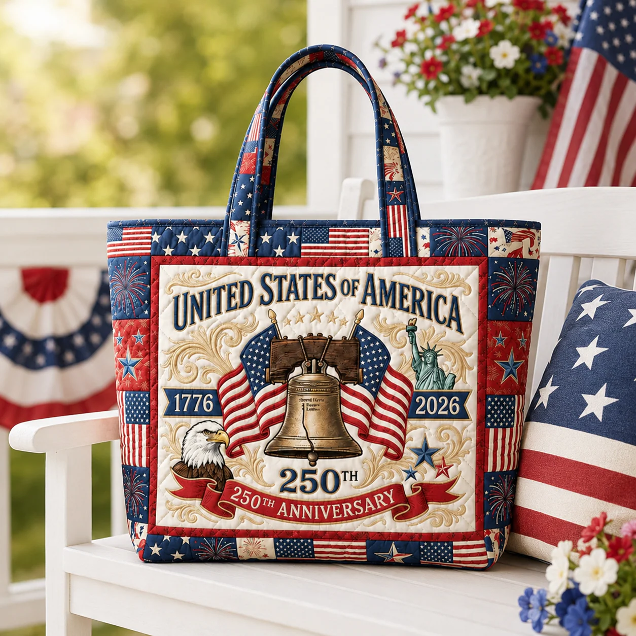 USA Flag Liberty Bell 250th Anniversary - Quilted Tote Bag - Gift For Patriots
