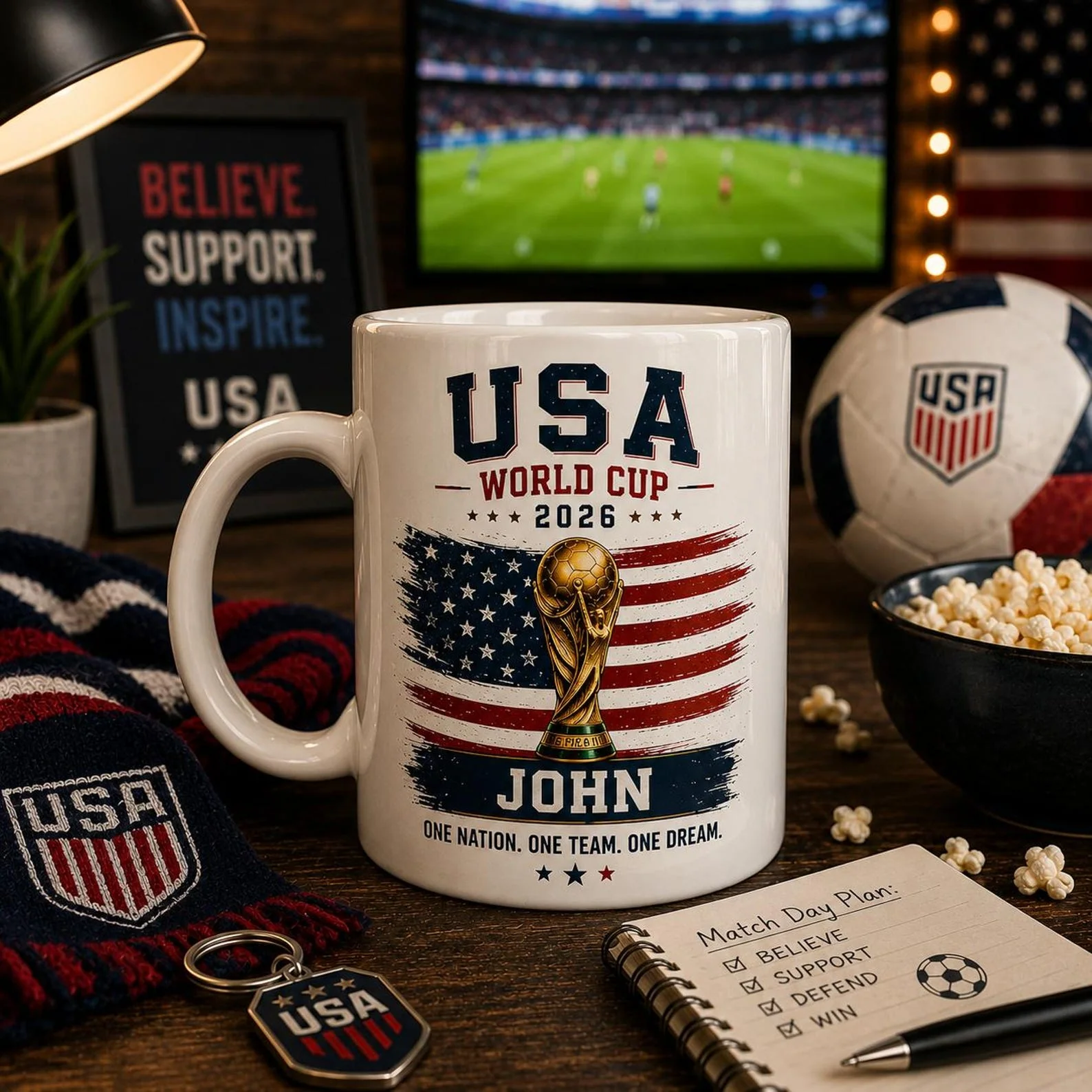 USA Flag World Soccer Cup One Nation One Team One Dream - White Ceramic Mug - Gift For Football Fans
