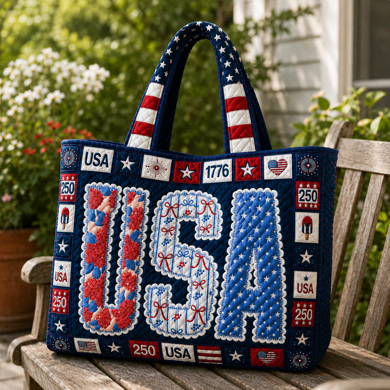 USA Lace Coquette America - Quilted Tote Bag - Patriotic Gift For Her