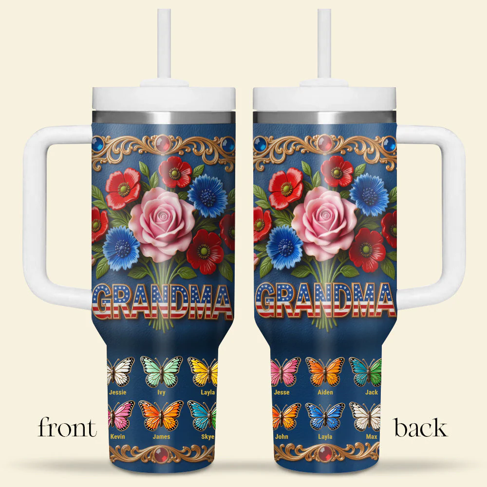 USA Mama Flower Butterfly - Personalized Tumbler - Gift For Mom, Grandma - Image 2