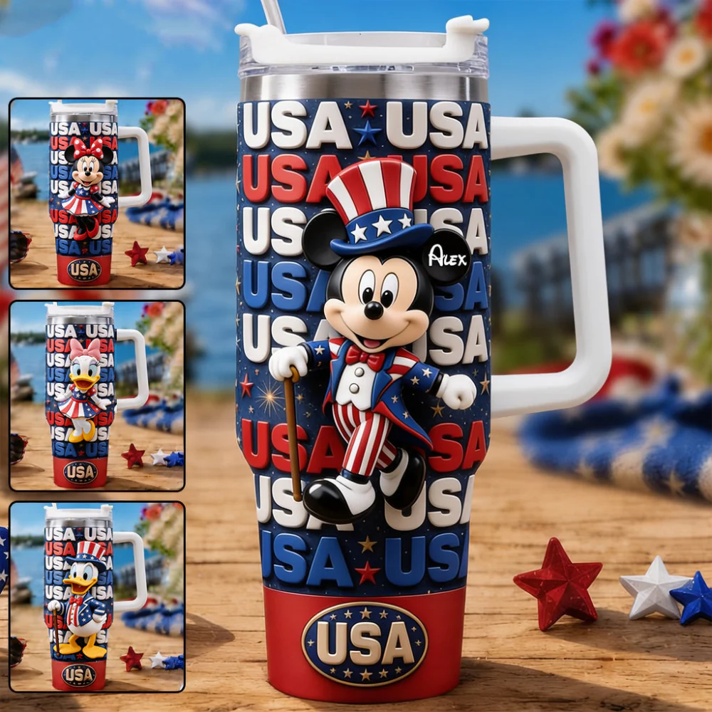 USA Pride With Magic Mouse And Friends - Personalized Tumbler With Straw - Gift For Family, Patriots - MkMo