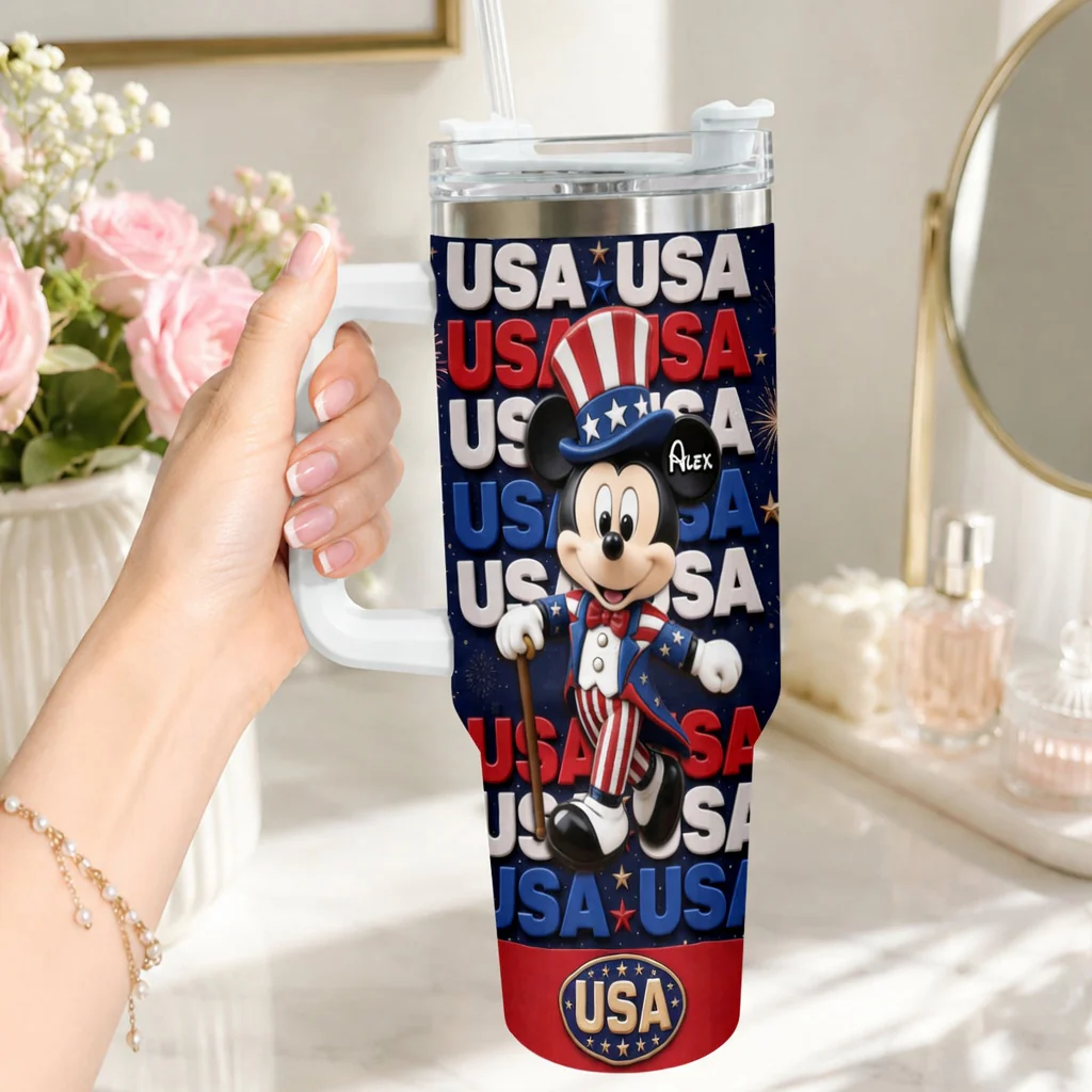 USA Pride With Magic Mouse And Friends - Personalized Tumbler With Straw - Gift For Family, Patriots - MkMo - Image 2