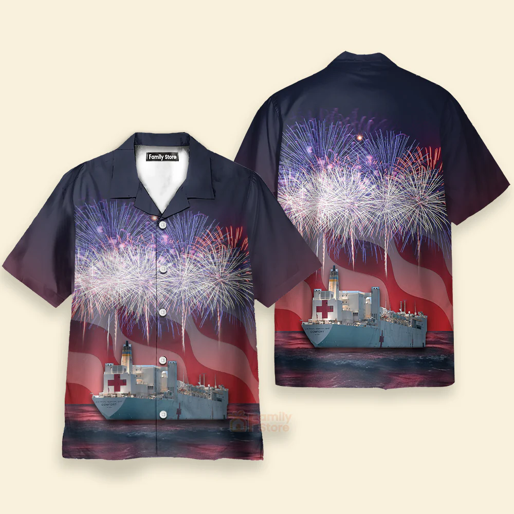 Usns Mercy (T-Ah-19) Hospital Ship, 4Th Of July Hawaiian Shirt - Image 2