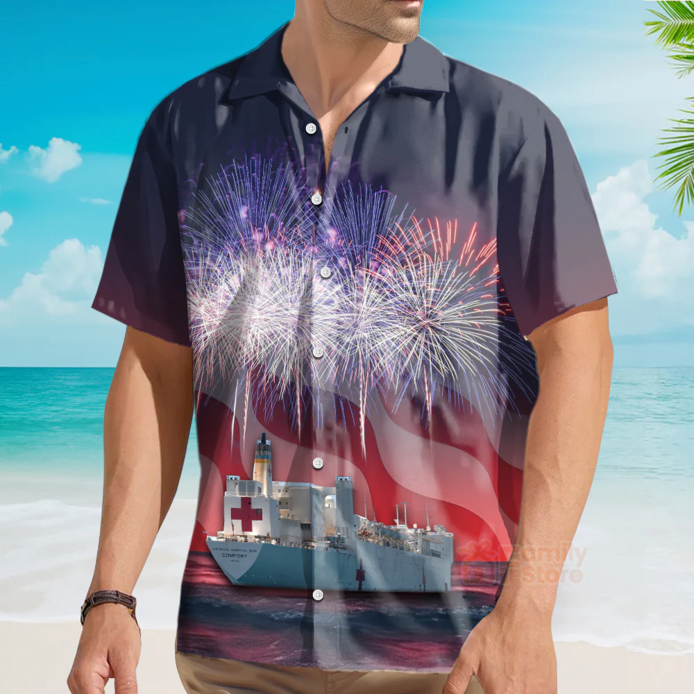 Usns Mercy (T-Ah-19) Hospital Ship, 4Th Of July Hawaiian Shirt - Image 3