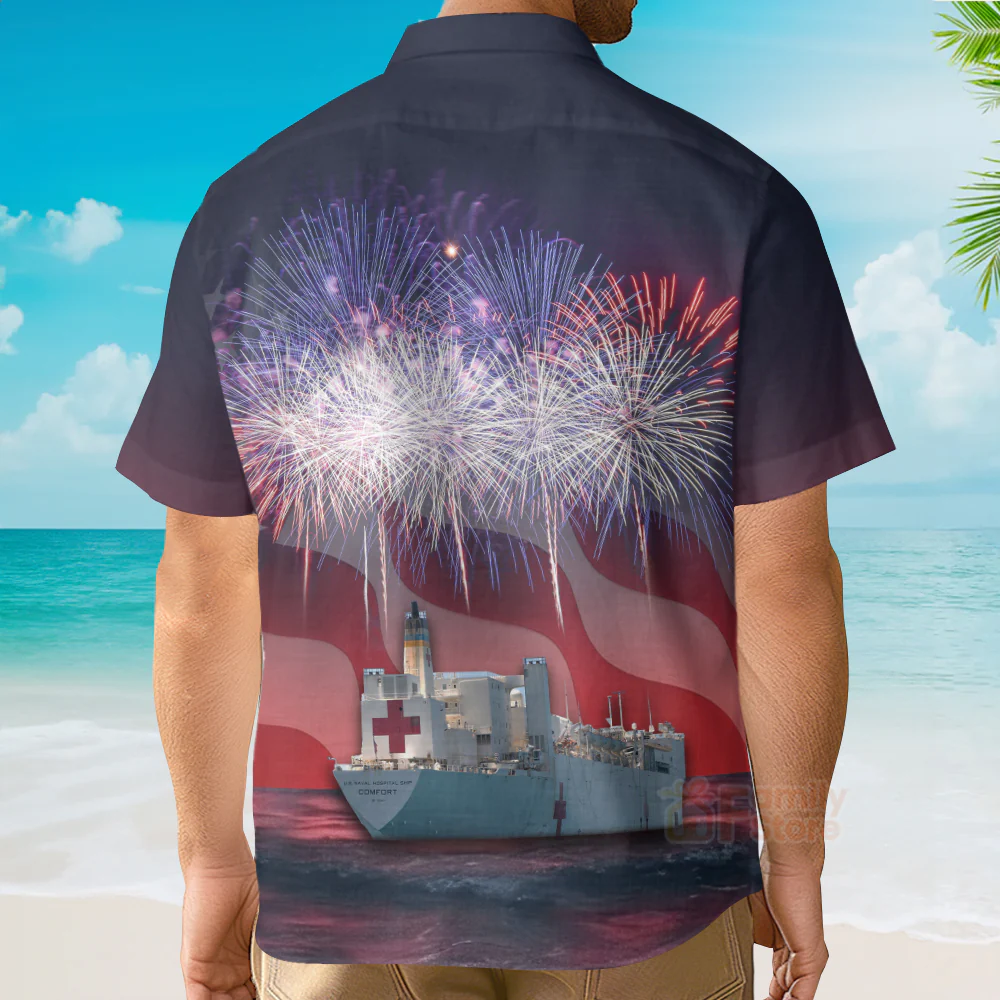 Usns Mercy (T-Ah-19) Hospital Ship, 4Th Of July Hawaiian Shirt - Image 4