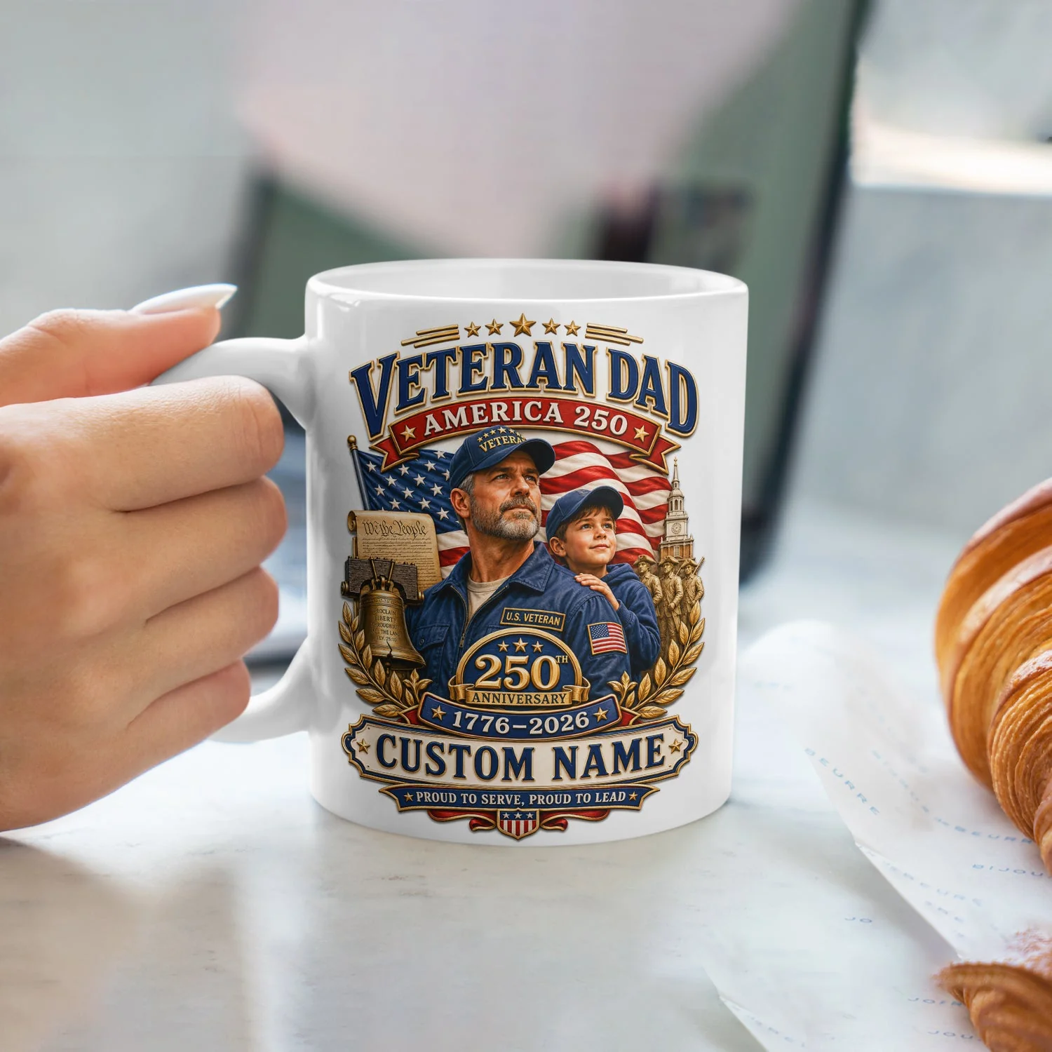 Veteran Dad America 250th Anniversary - Personalized White Ceramic Mug - Gift For Patriotic Dad