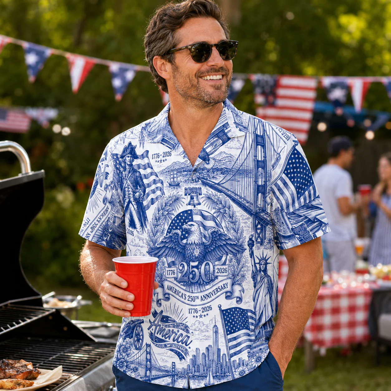 Toile De jouy Vintage America 250th Anniversary - Hawaiian Shirt - Gift For Men, Patriots - Image 2