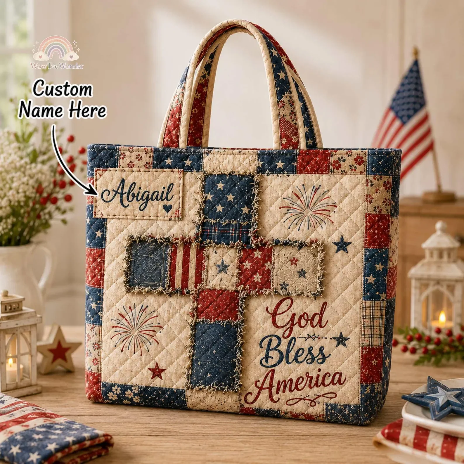 Vintage God Bless American Flag Floral 250 Years Of Freedom - Personalized Quilted Tote Bag - Gift For Patriots