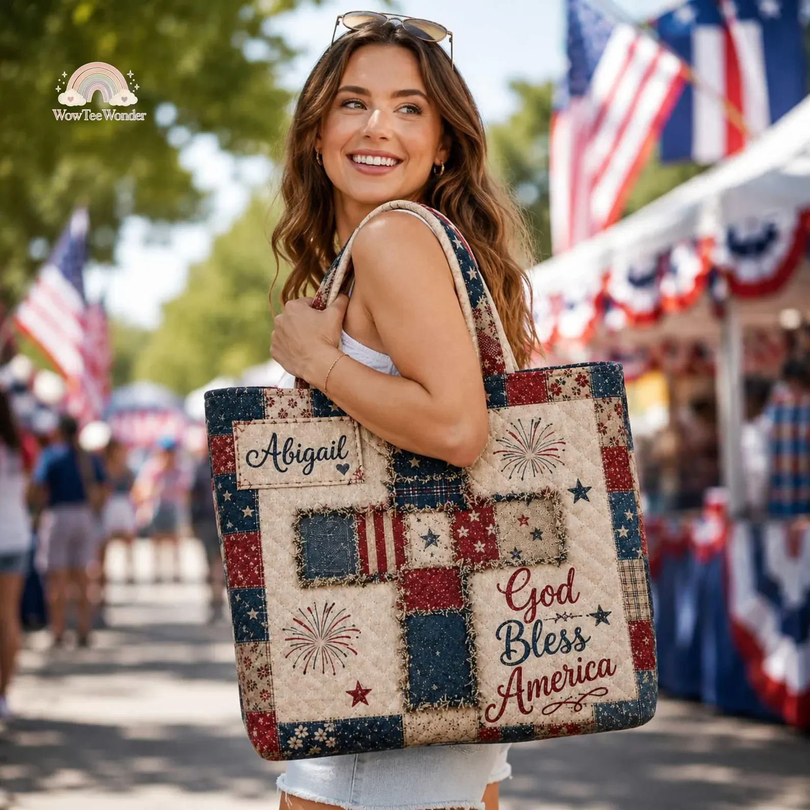 Vintage God Bless American Flag Floral 250 Years Of Freedom - Personalized Quilted Tote Bag - Gift For Patriots - Image 4