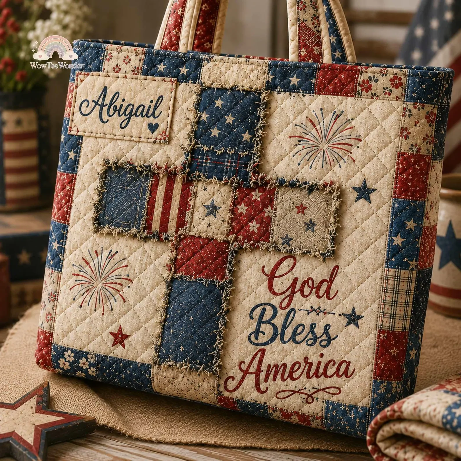 Vintage God Bless American Flag Floral 250 Years Of Freedom - Personalized Quilted Tote Bag - Gift For Patriots - Image 5