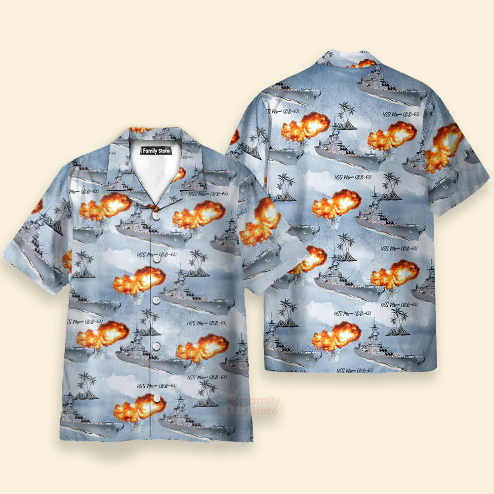 Warship Battleship USS Missouri (BB-63) "Mighty Mo" Palm Tree - Hawaiian Shirt - Image 2