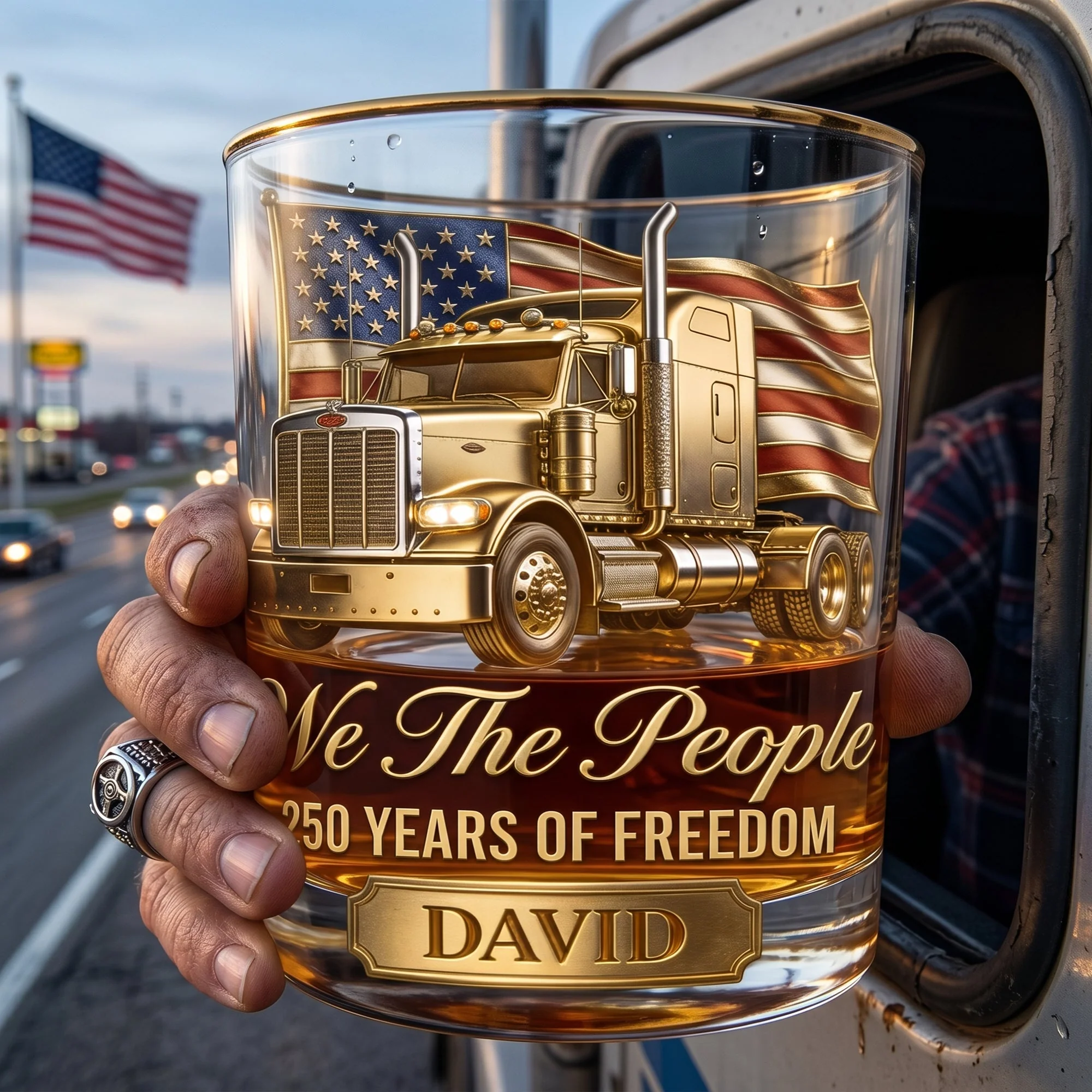We The People 250 Years Of Freedom American Flag Truck - Personalized Whiskey Glass - Gift For Patriotic