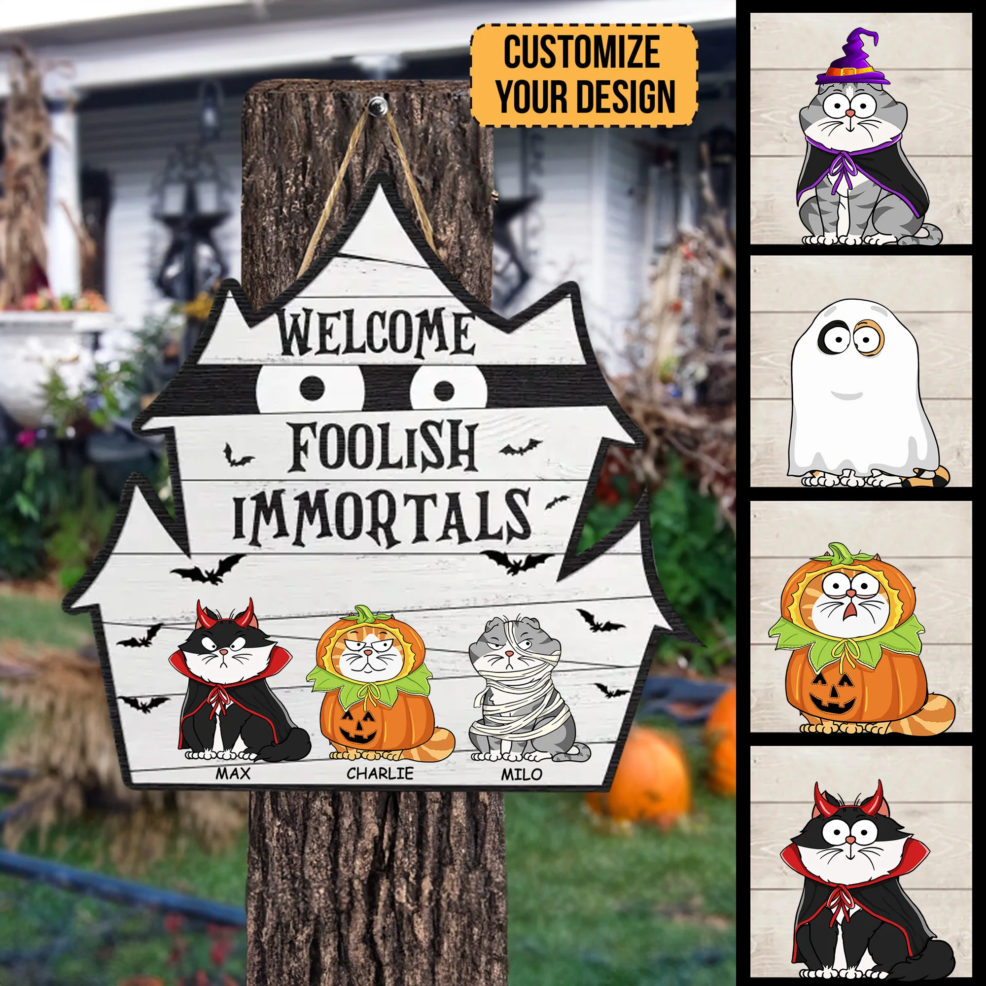 Welcome Foolish Immortal - Halloween Gift For Cat Lover - Personalized Custom Shaped Wood Sign - CLP01 NH96 - Image 2