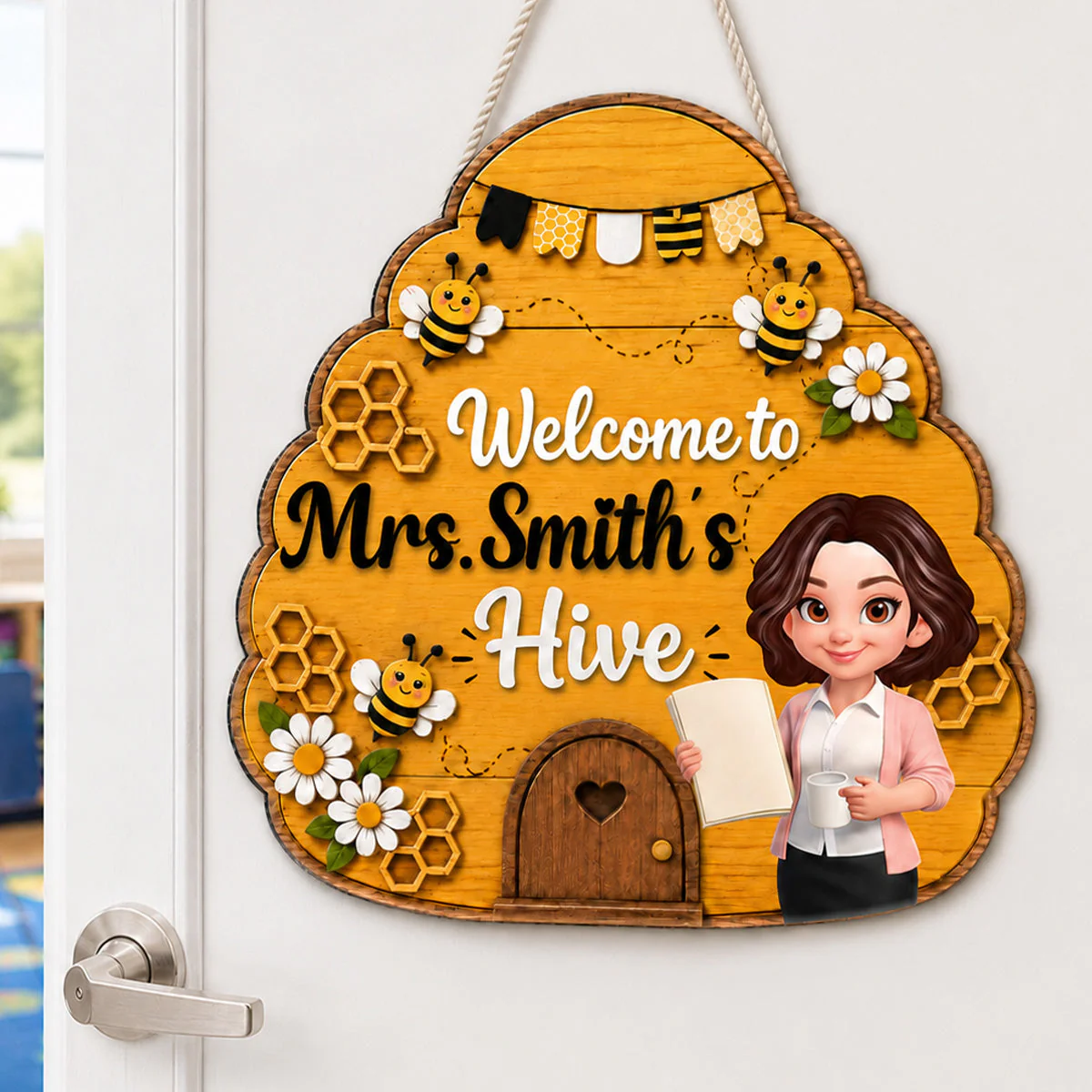 Welcome To Teacher Bee Hive - Personalized Shaped Wood Sign - Gift For Teacher