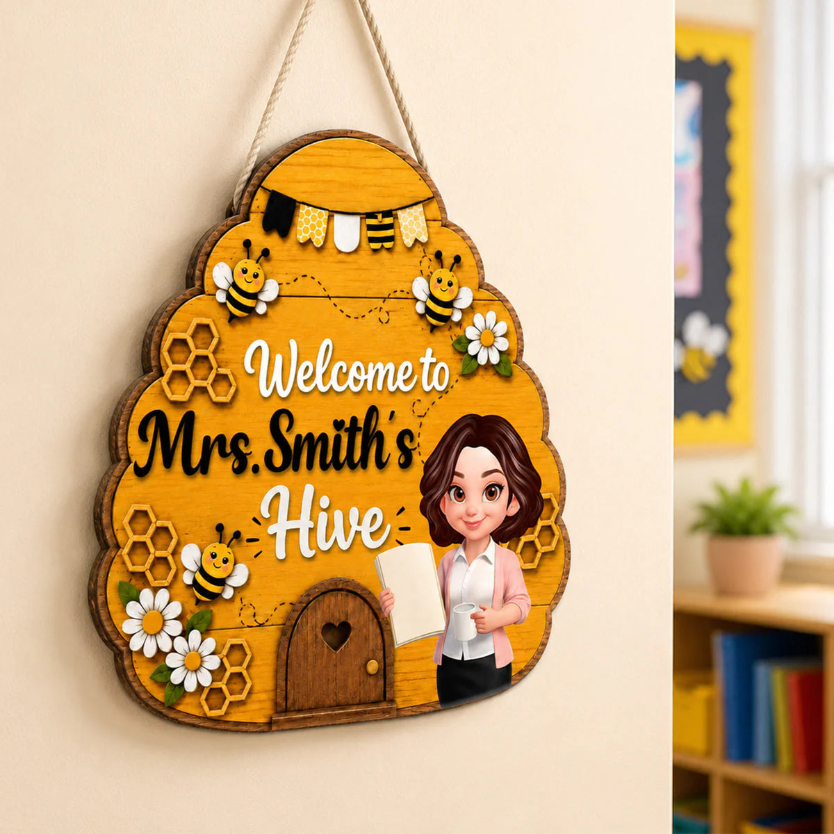 Welcome To Teacher Bee Hive - Personalized Shaped Wood Sign - Gift For Teacher - Image 2