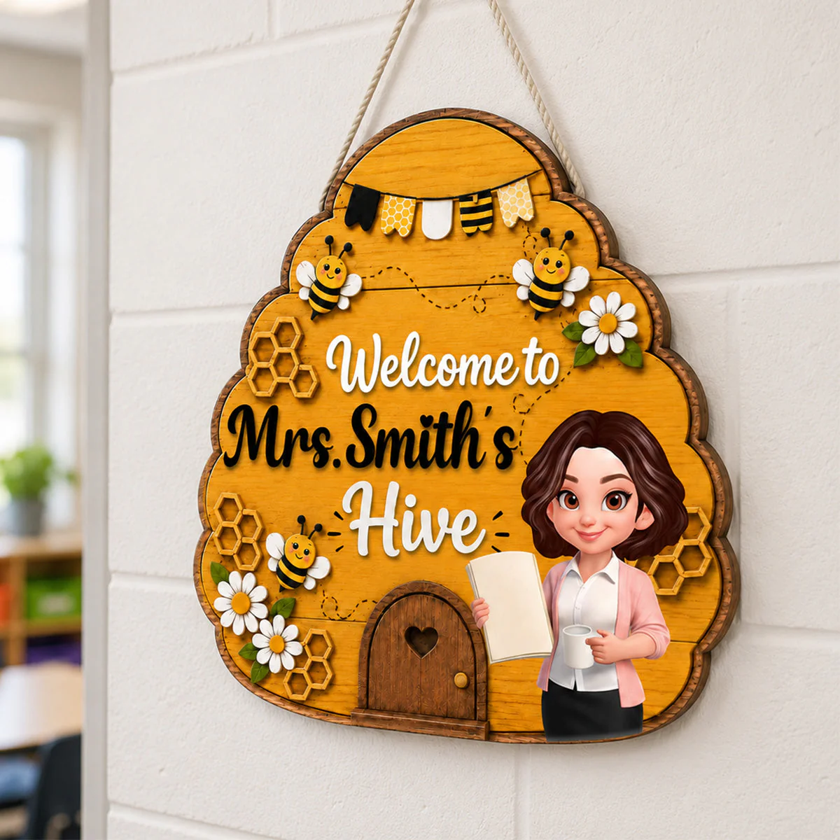 Welcome To Teacher Bee Hive - Personalized Shaped Wood Sign - Gift For Teacher - Image 3