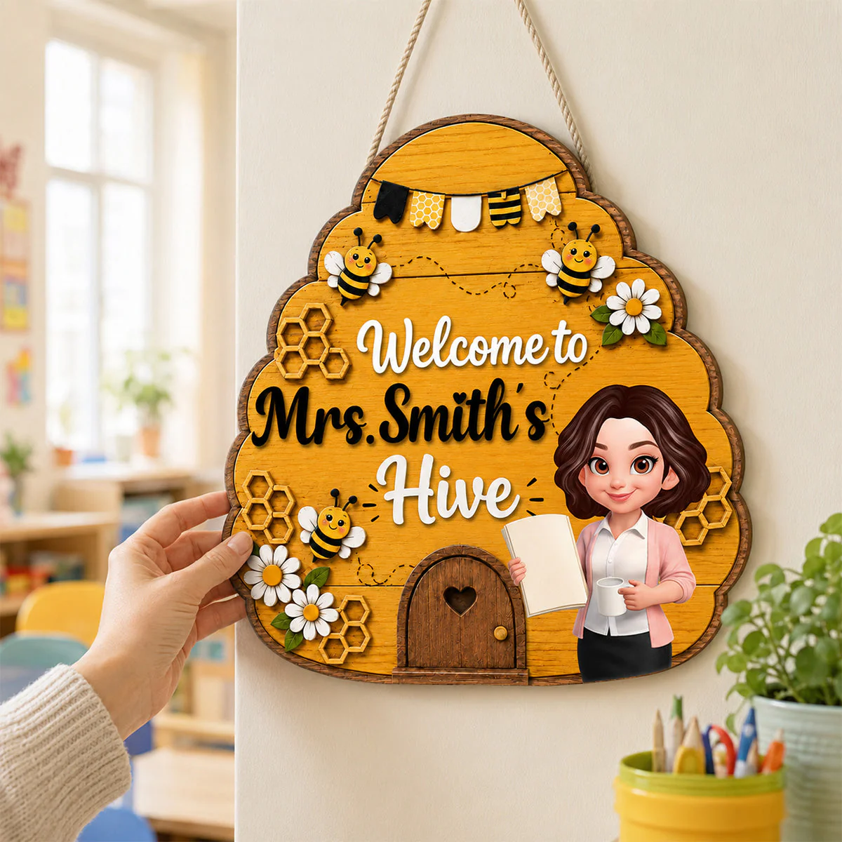 Welcome To Teacher Bee Hive - Personalized Shaped Wood Sign - Gift For Teacher - Image 4