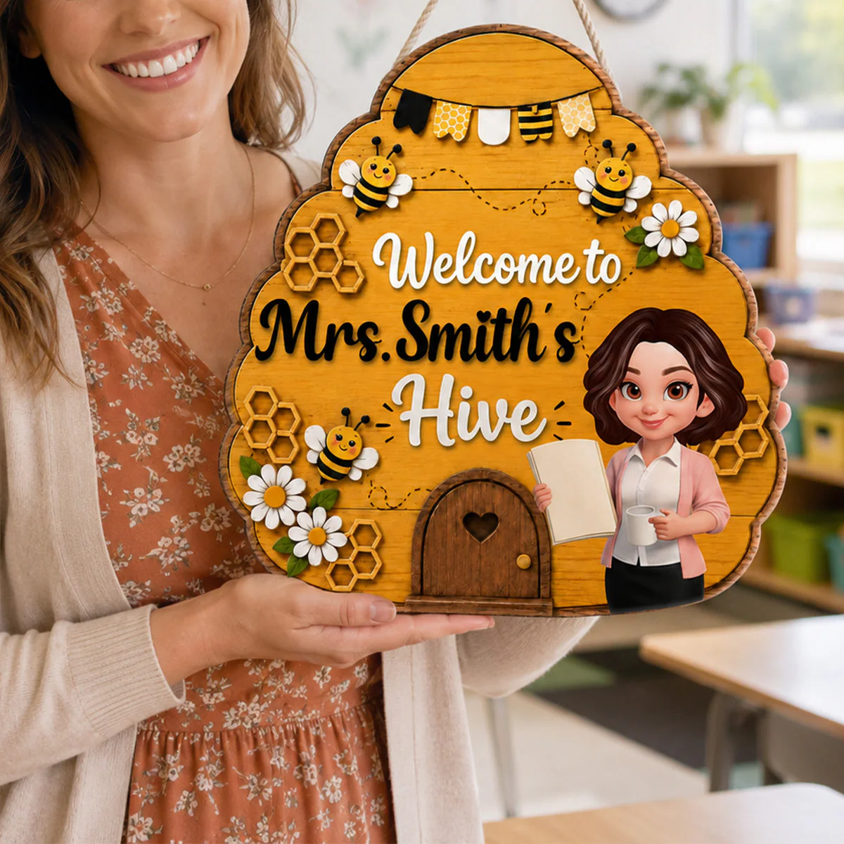 Welcome To Teacher Bee Hive - Personalized Shaped Wood Sign - Gift For Teacher - Image 5