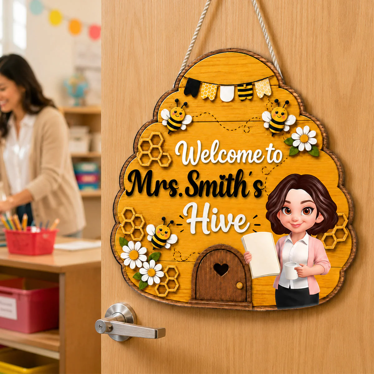 Welcome To Teacher Bee Hive - Personalized Shaped Wood Sign - Gift For Teacher - Image 6