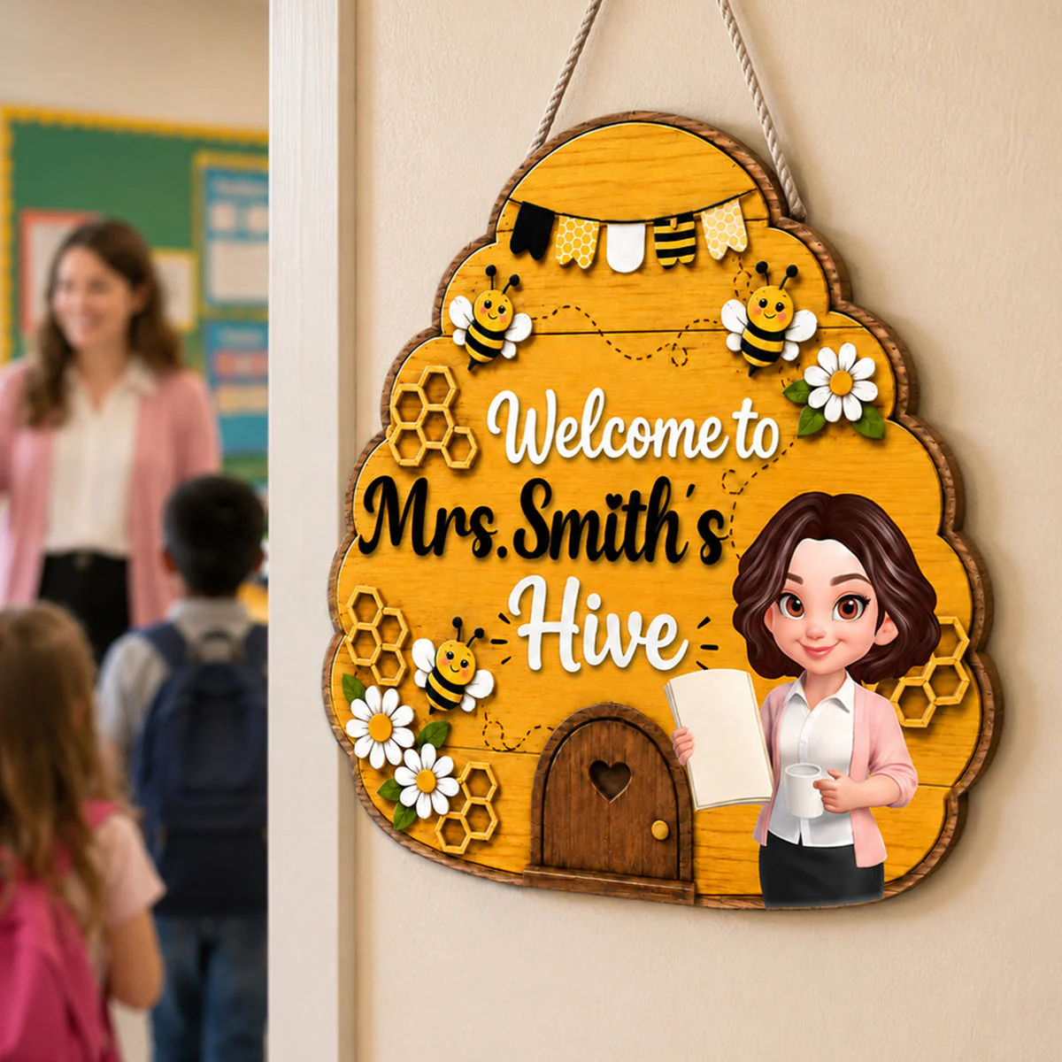 Welcome To Teacher Bee Hive - Personalized Shaped Wood Sign - Gift For Teacher - Image 7